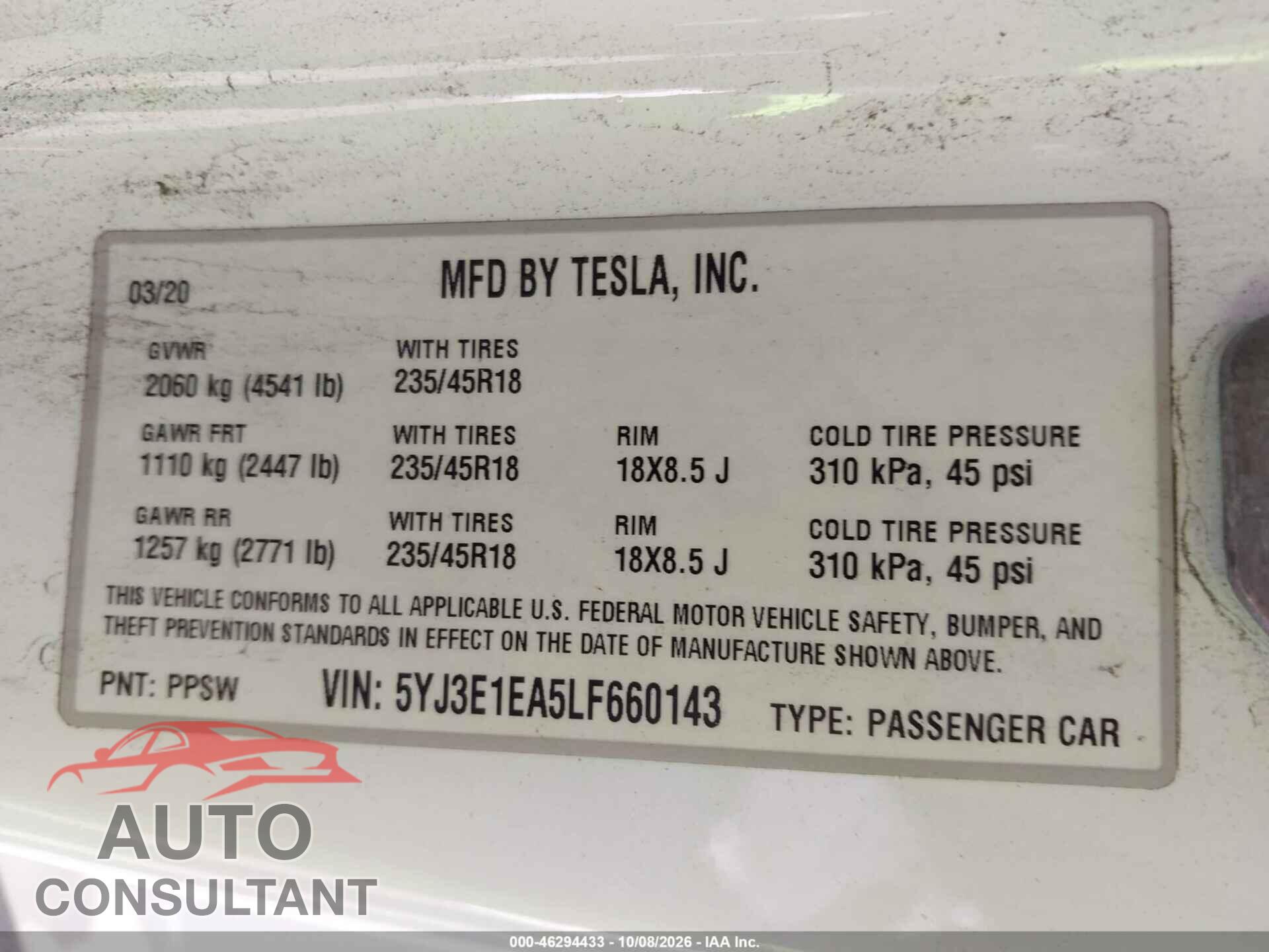 TESLA MODEL 3 2020 - 5YJ3E1EA5LF660143