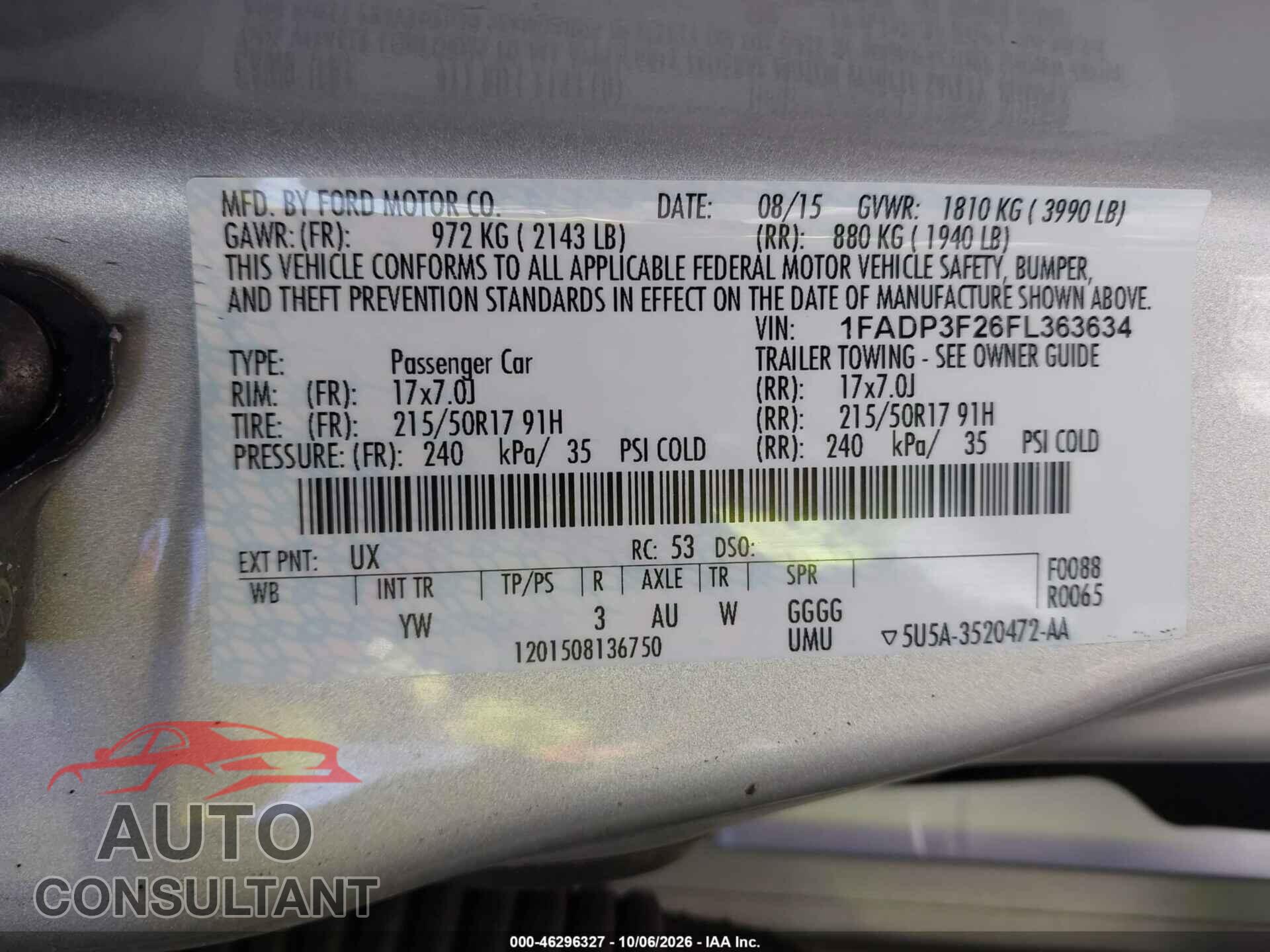 FORD FOCUS 2015 - 1FADP3F26FL363634