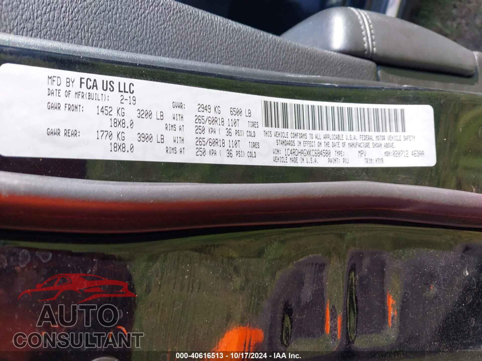 DODGE DURANGO 2019 - 1C4RDHAGXKC684580