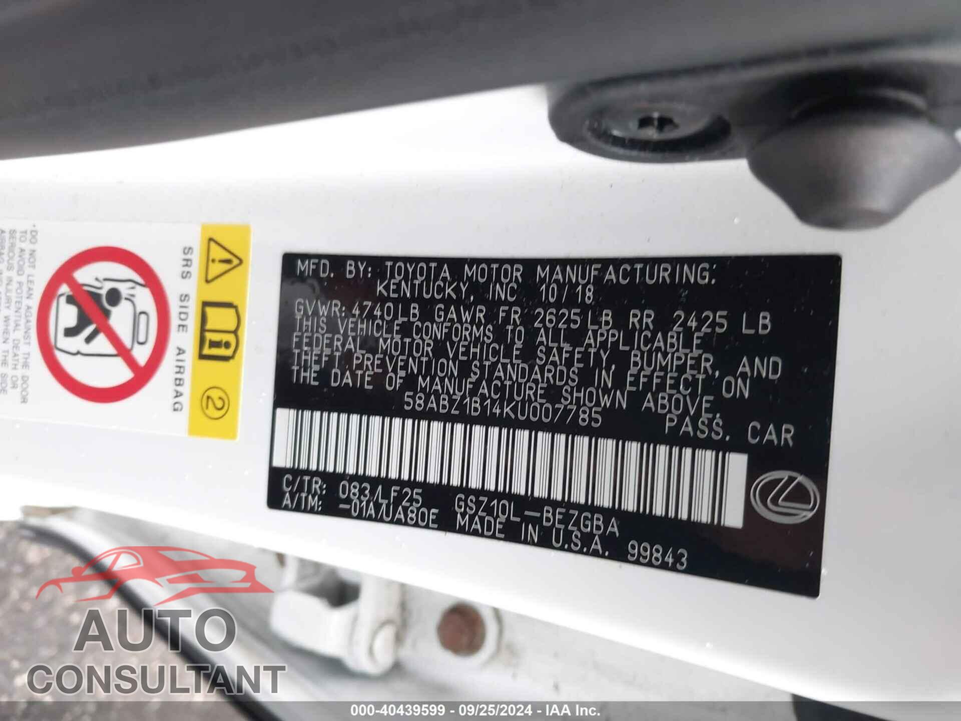LEXUS ES 350 2019 - 58ABZ1B14KU007785