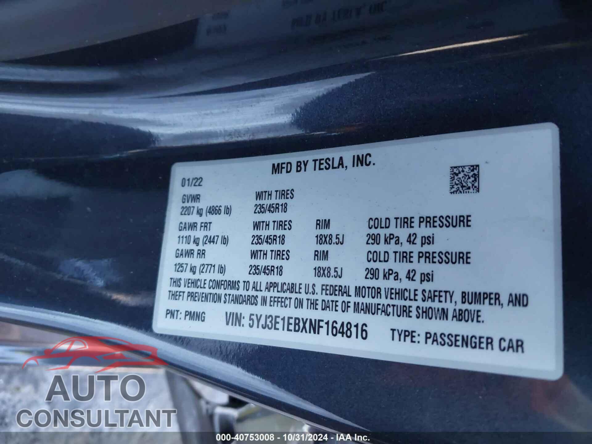 TESLA MODEL 3 2022 - 5YJ3E1EBXNF164816