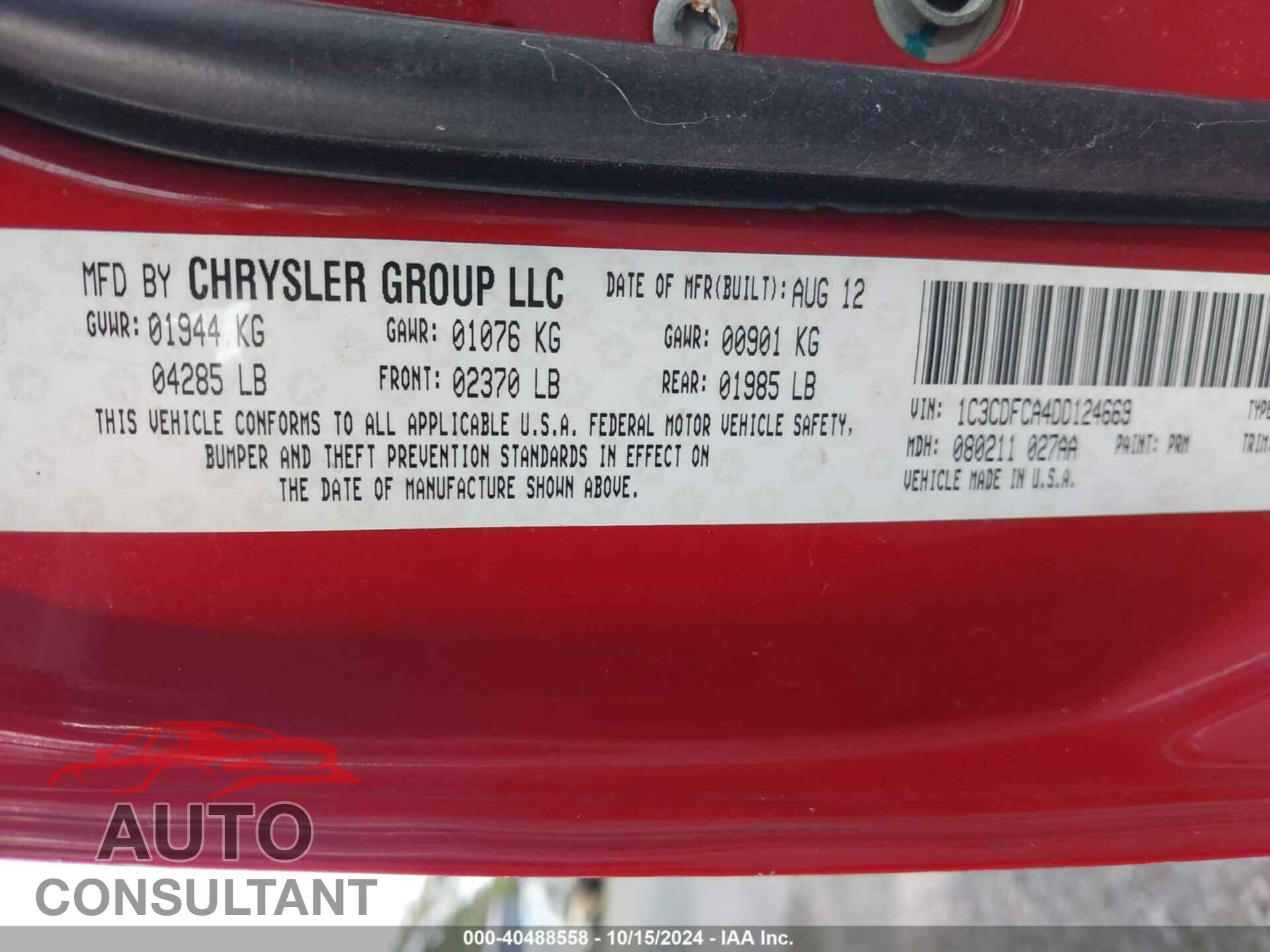 DODGE DART 2013 - 1C3CDFCA4DD124669
