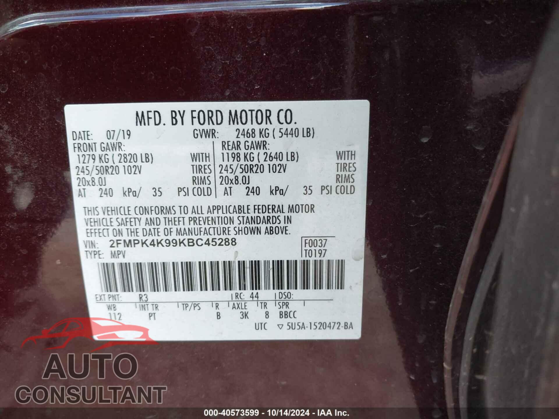 FORD EDGE 2019 - 2FMPK4K99KBC45288