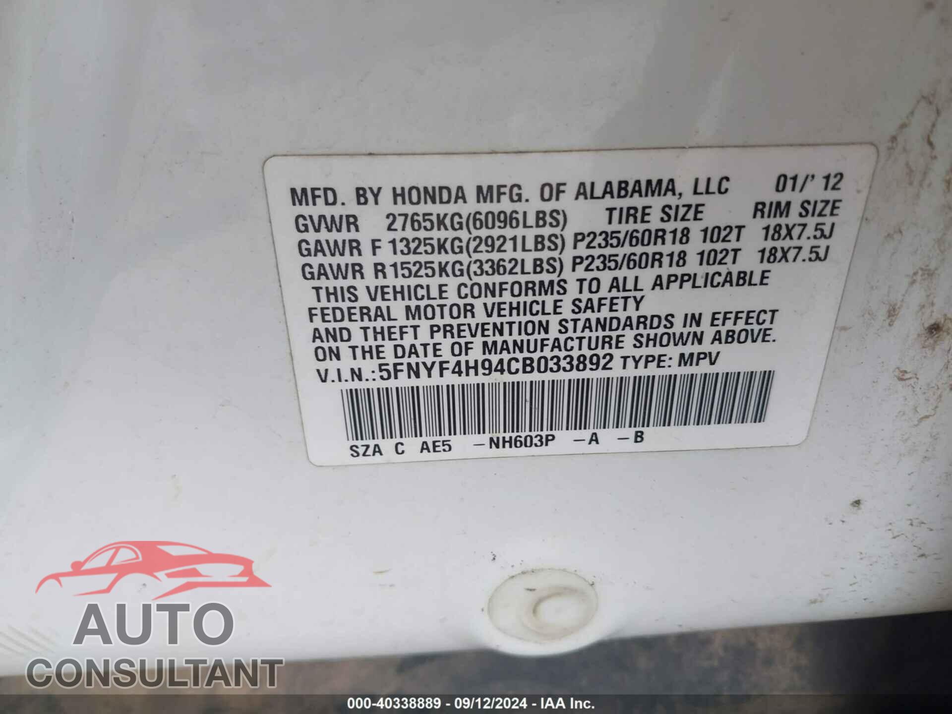 HONDA PILOT 2012 - 5FNYF4H94CB033892