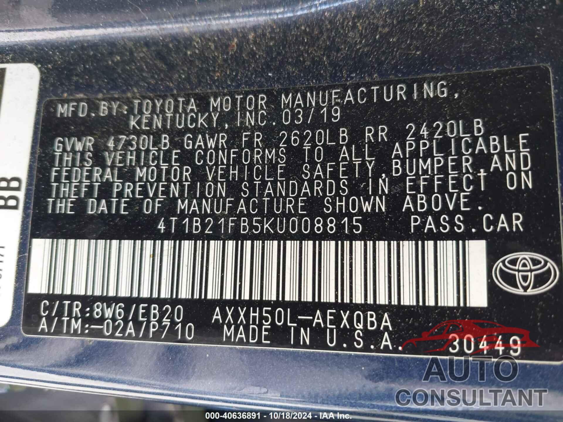 TOYOTA AVALON HYBRID 2019 - 4T1B21FB5KU008815