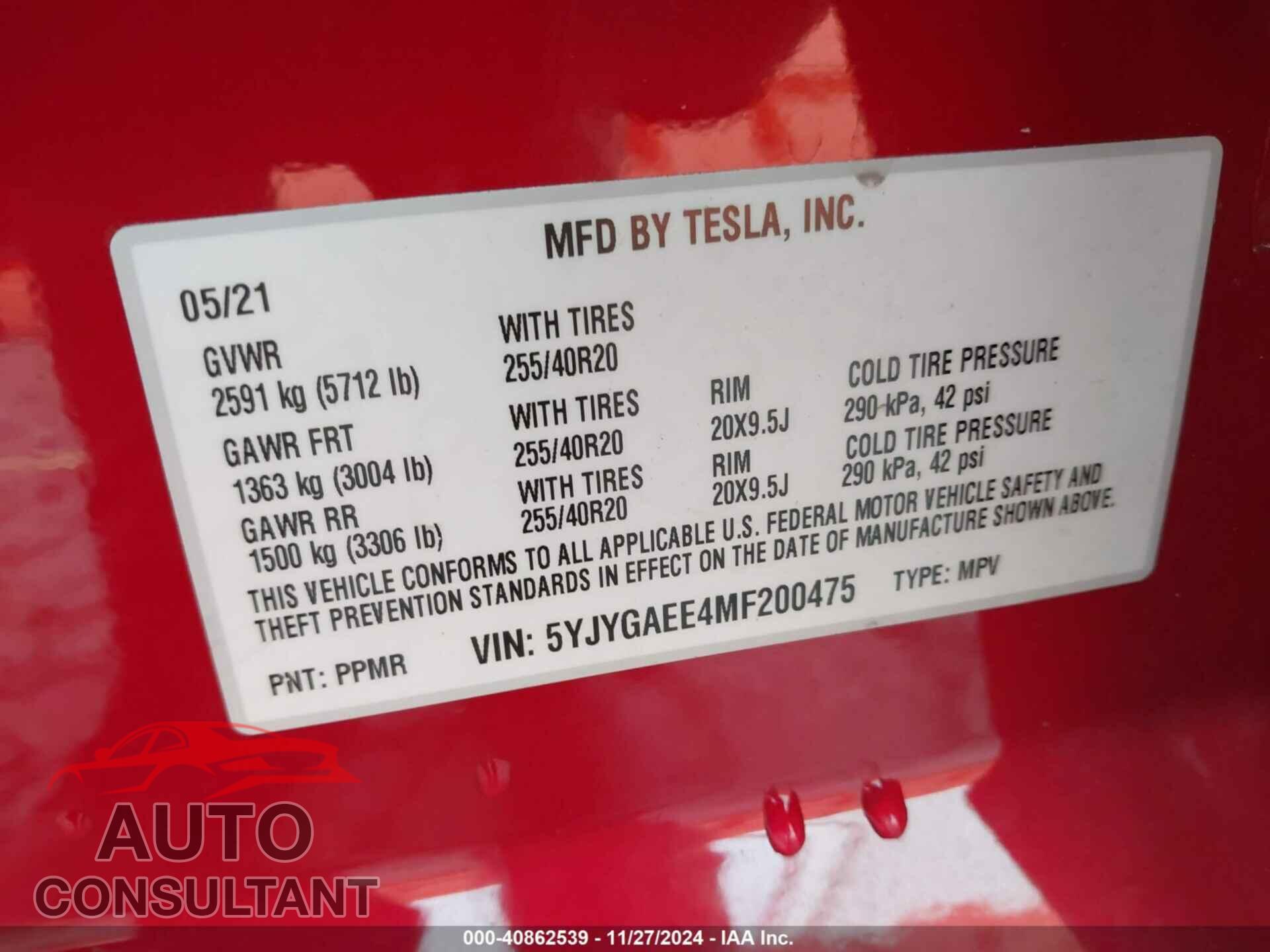 TESLA MODEL Y 2021 - 5YJYGAEE4MF200475
