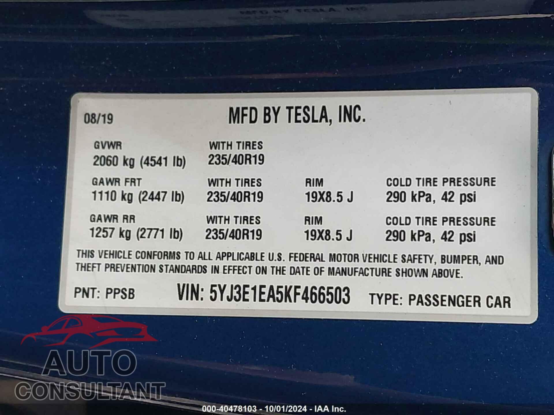 TESLA MODEL 3 2019 - 5YJ3E1EA5KF466503