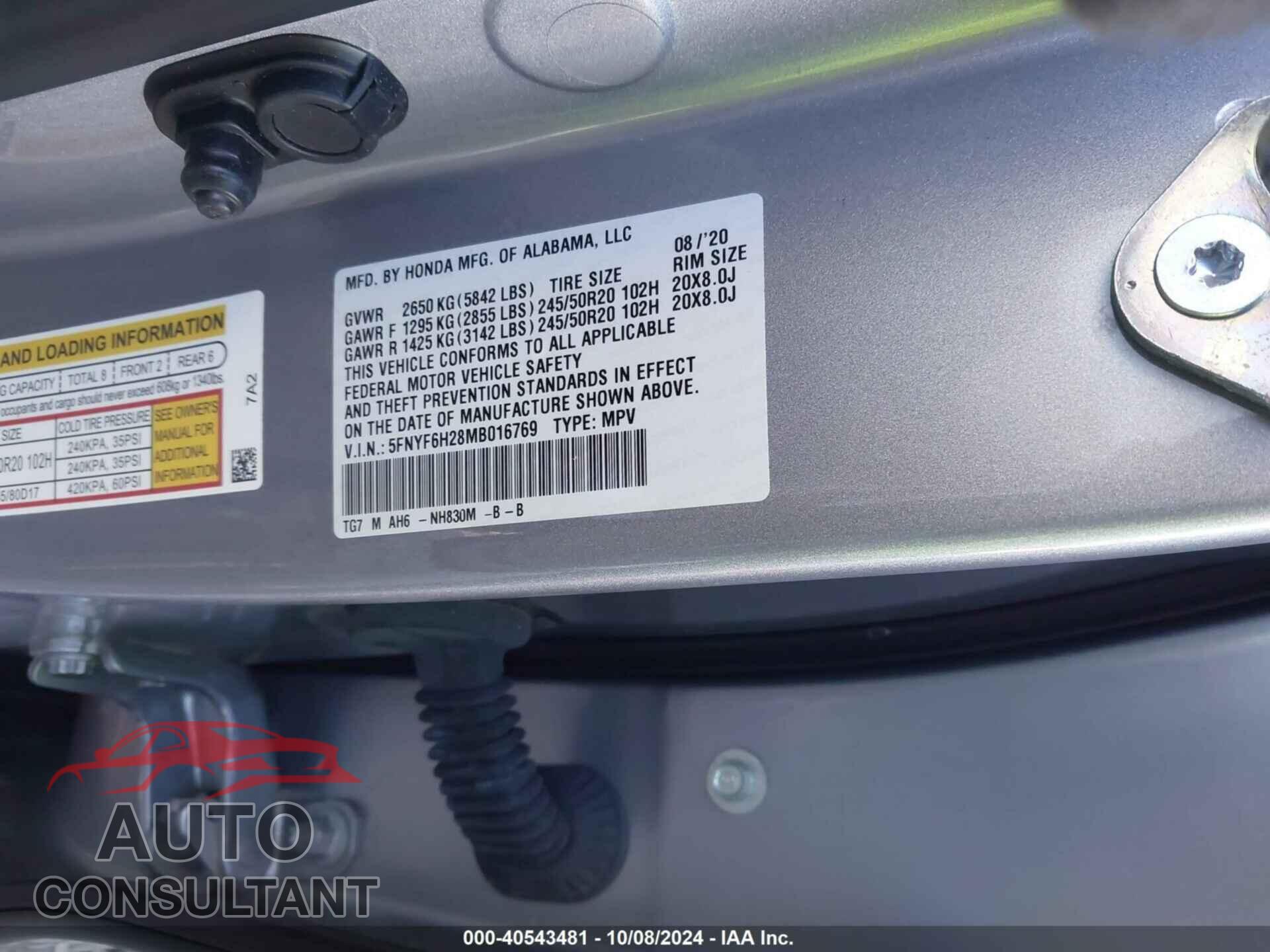 HONDA PILOT 2021 - 5FNYF6H28MB016769