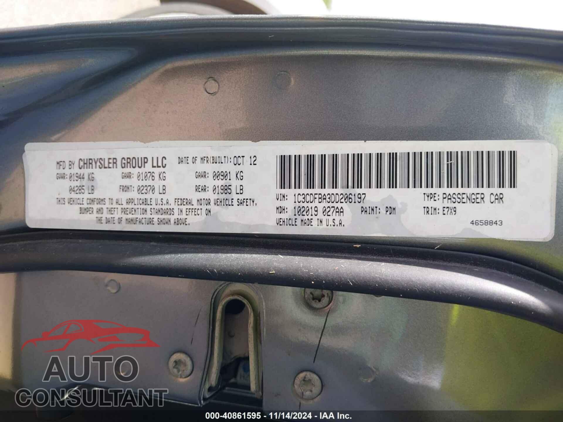 DODGE DART 2013 - 1C3CDFBA3DD206197