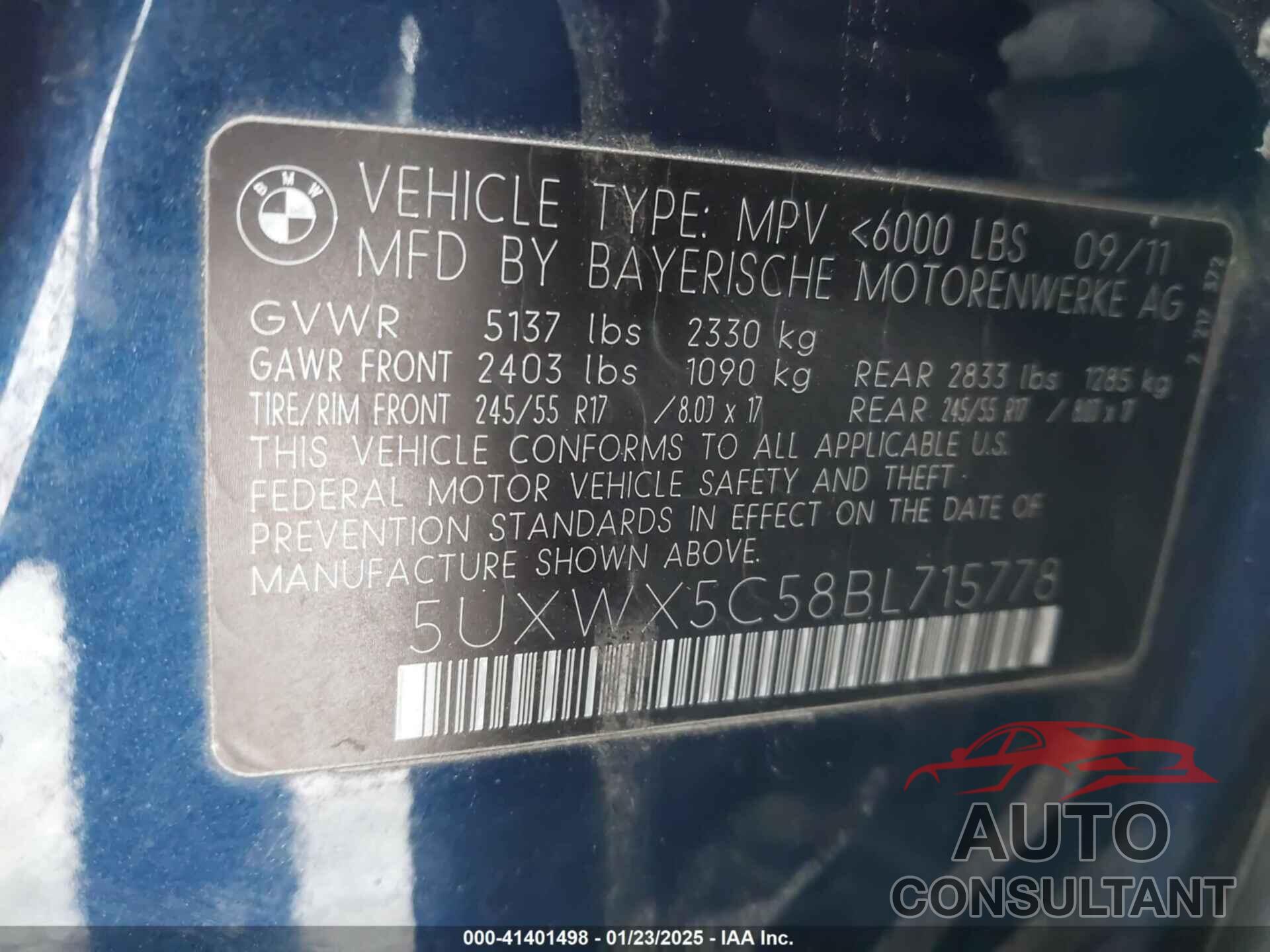 BMW X3 2011 - 5UXWX5C58BL715778
