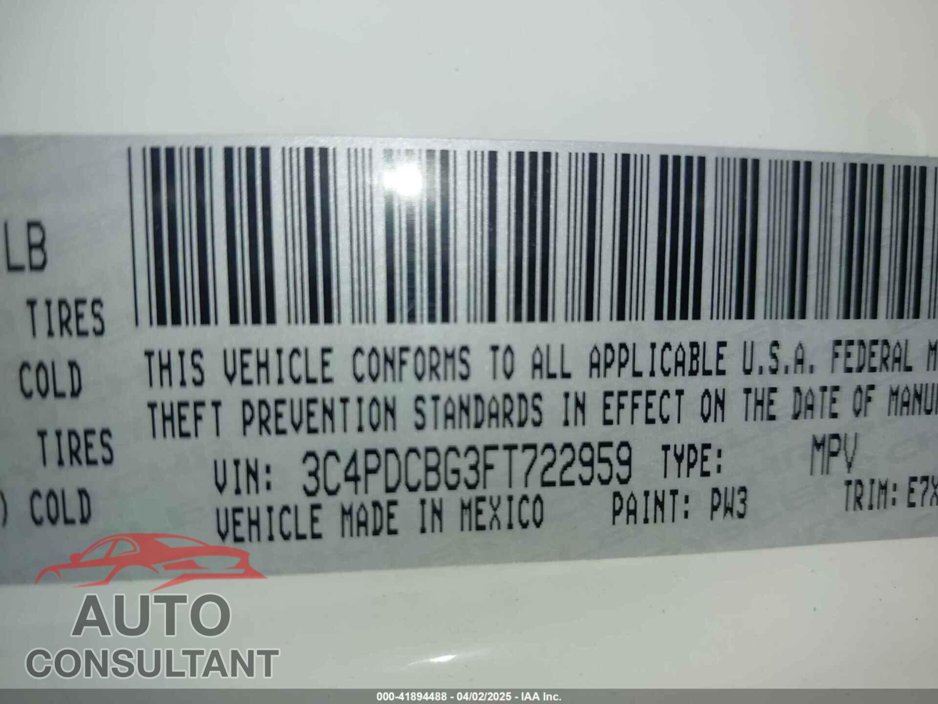 DODGE JOURNEY 2015 - 3C4PDCBG3FT722959