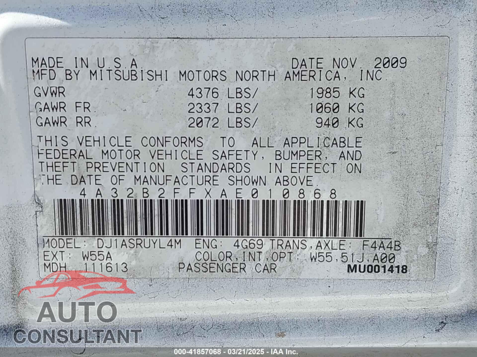 MITSUBISHI GALANT 2010 - 4A32B2FFXAE010868