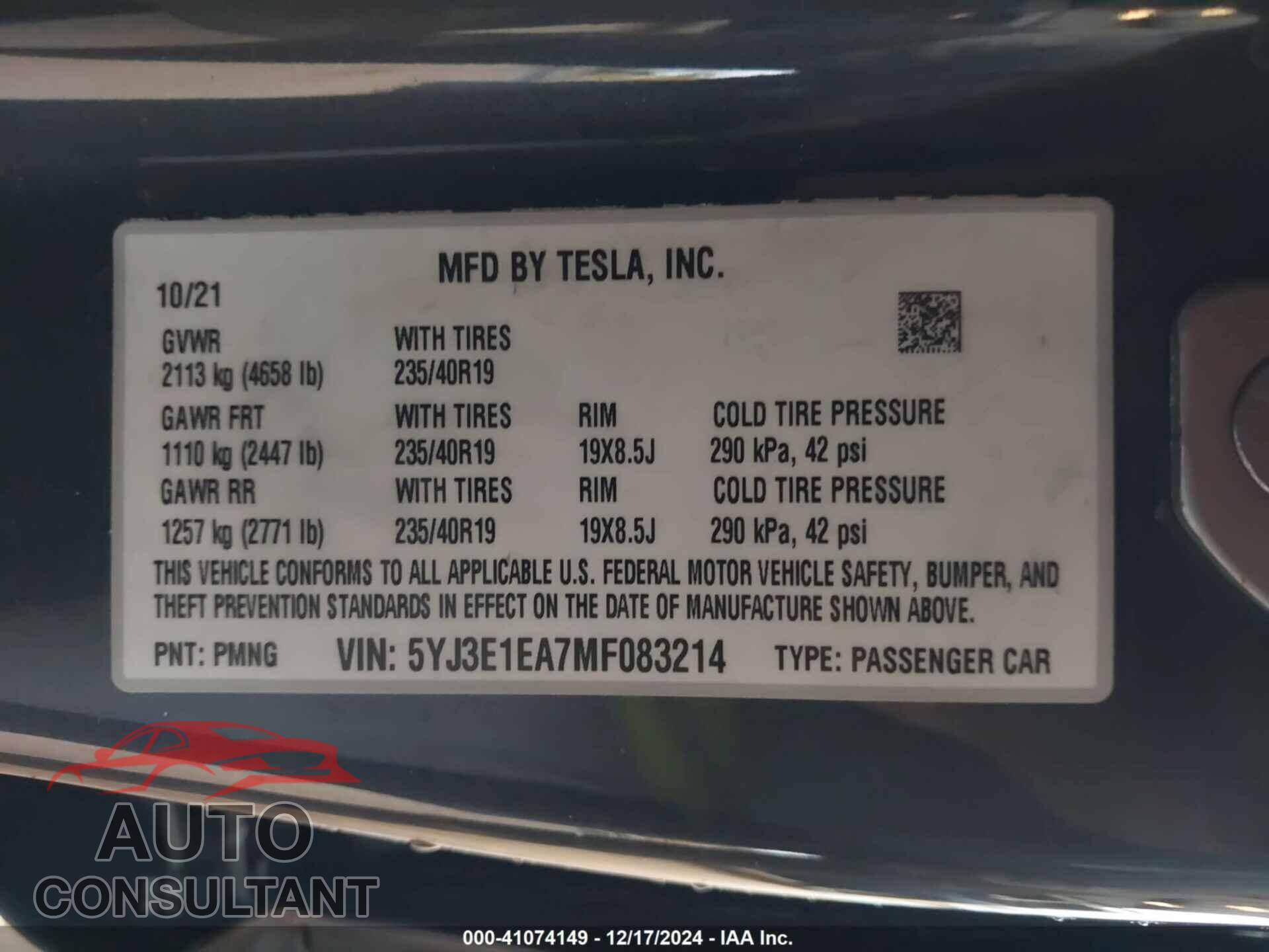 TESLA MODEL 3 2021 - 5YJ3E1EA7MF083214