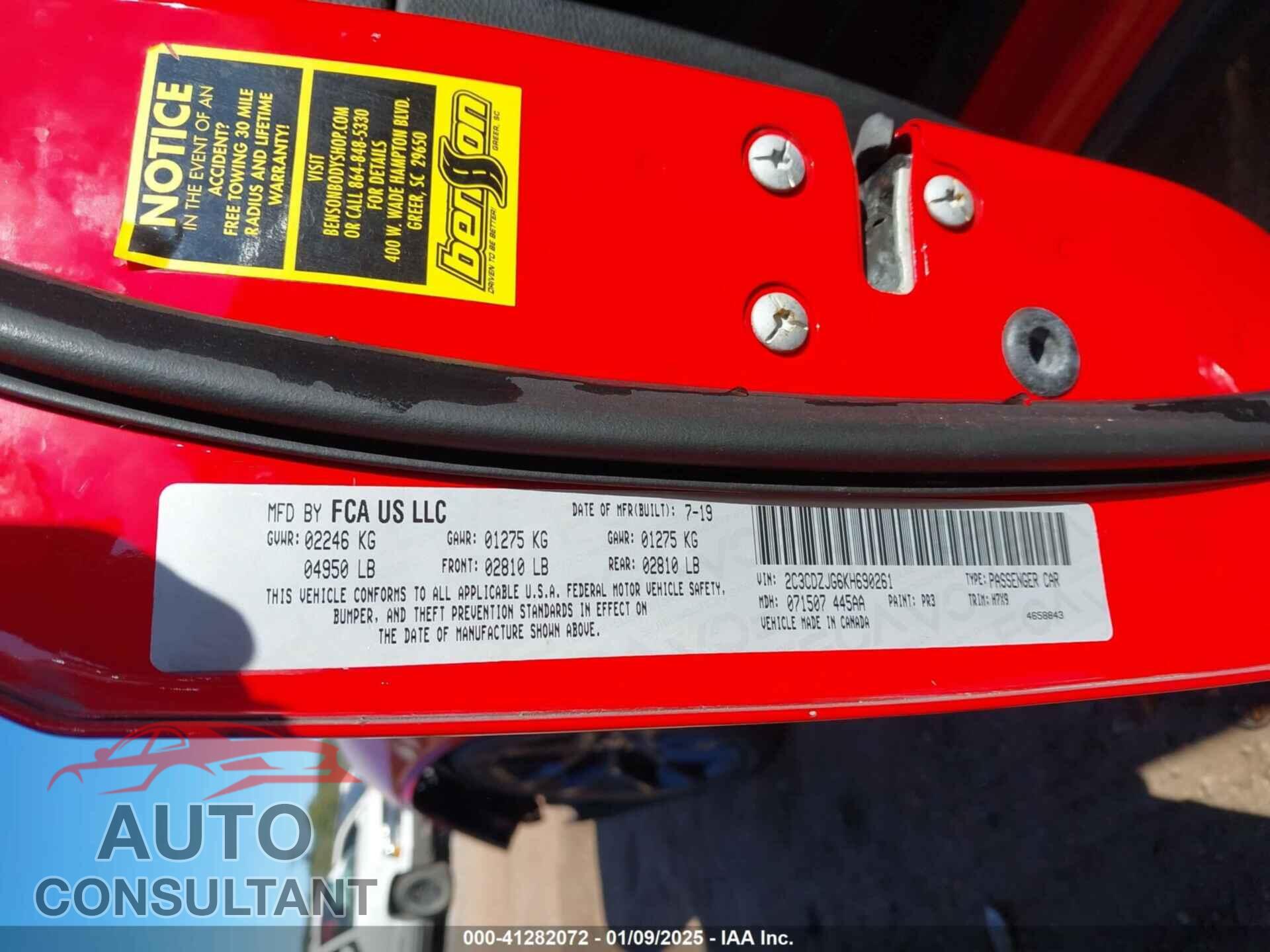 DODGE CHALLENGER 2019 - 2C3CDZJG6KH690261