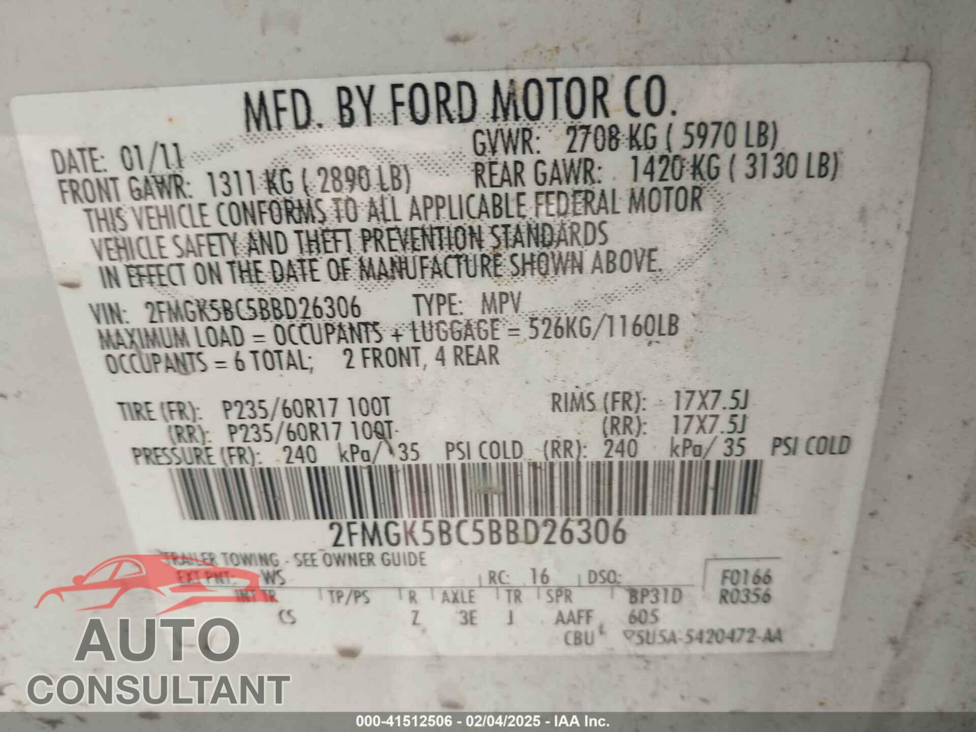 FORD FLEX 2011 - 2FMGK5BC5BBD26306