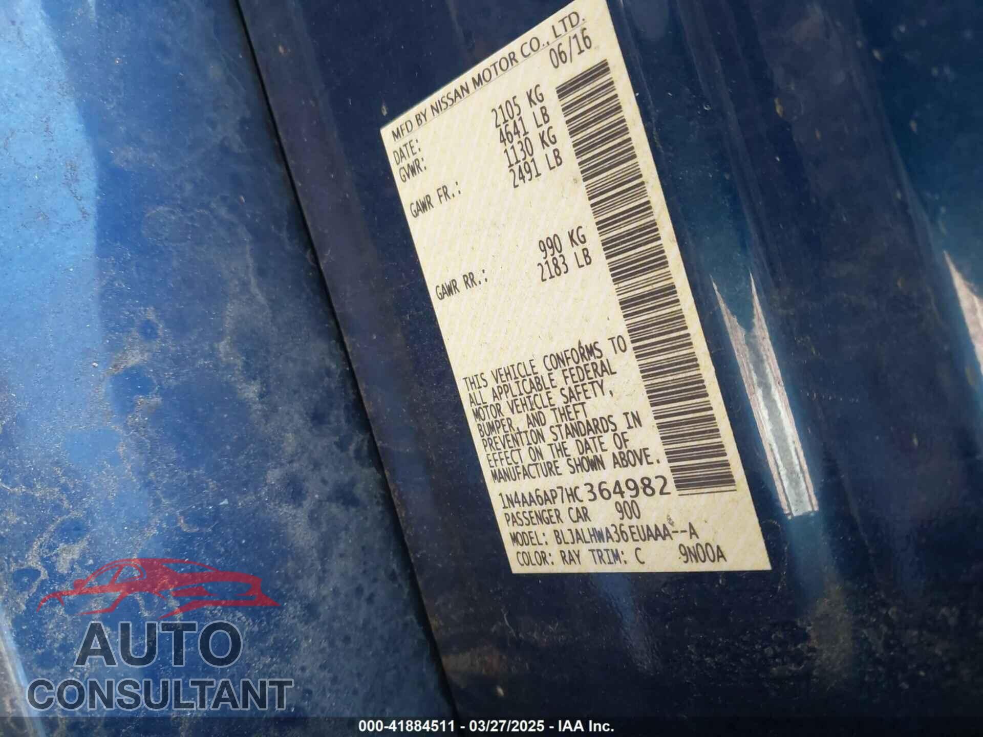 NISSAN MAXIMA 2017 - 1N4AA6AP7HC364982