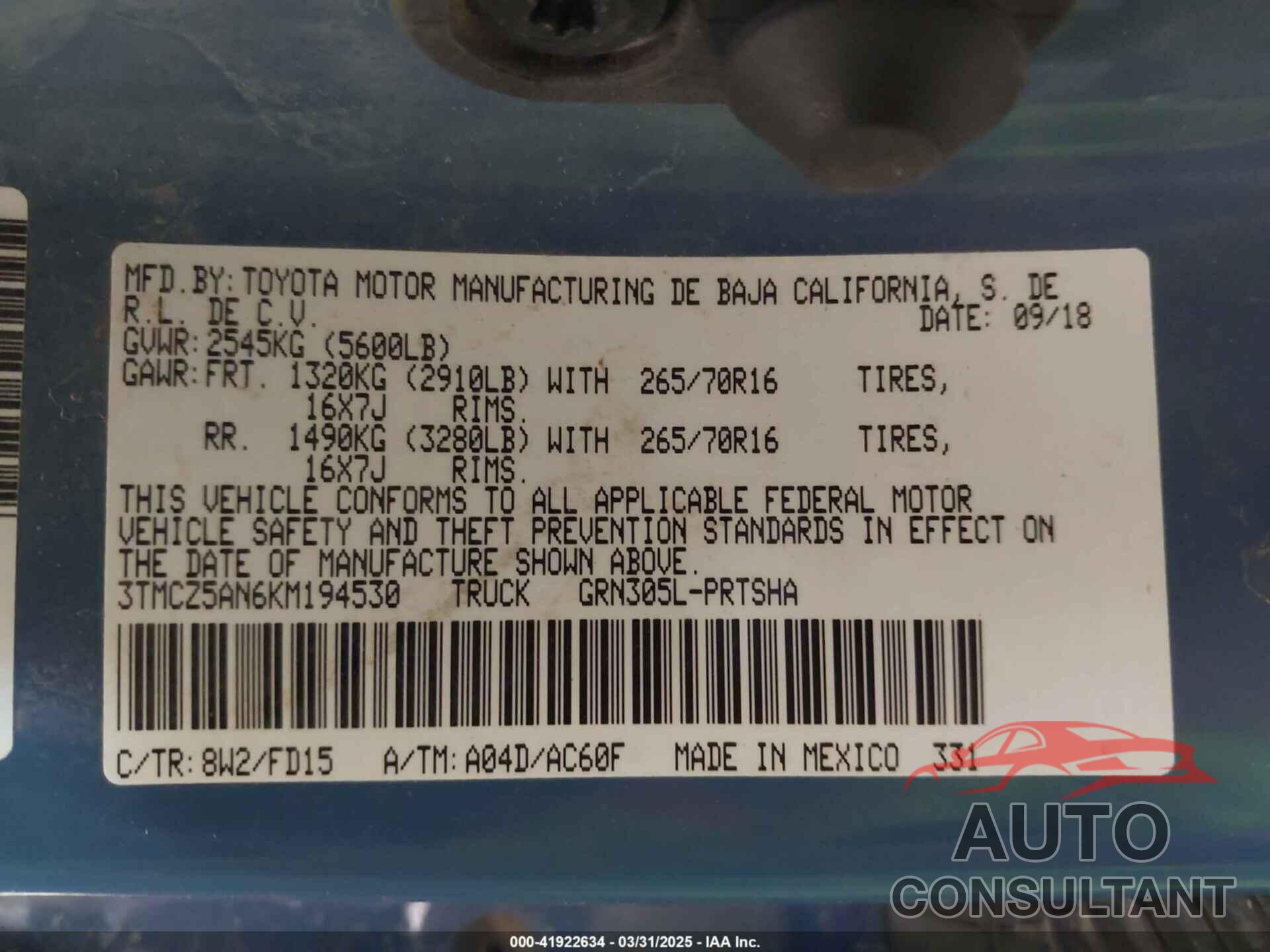 TOYOTA TACOMA 2019 - 3TMCZ5AN6KM194530