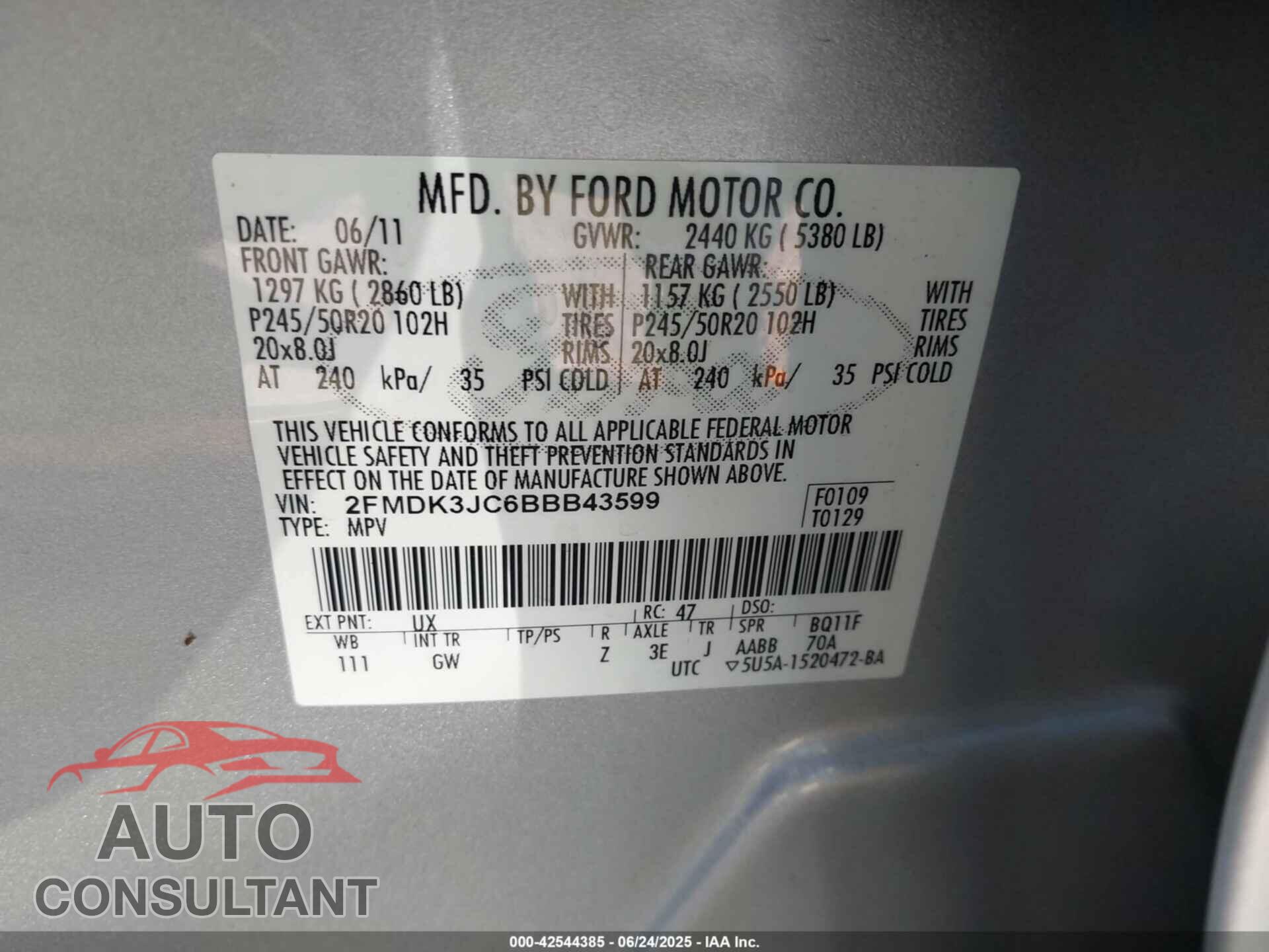FORD EDGE 2011 - 2FMDK3JC6BBB43599