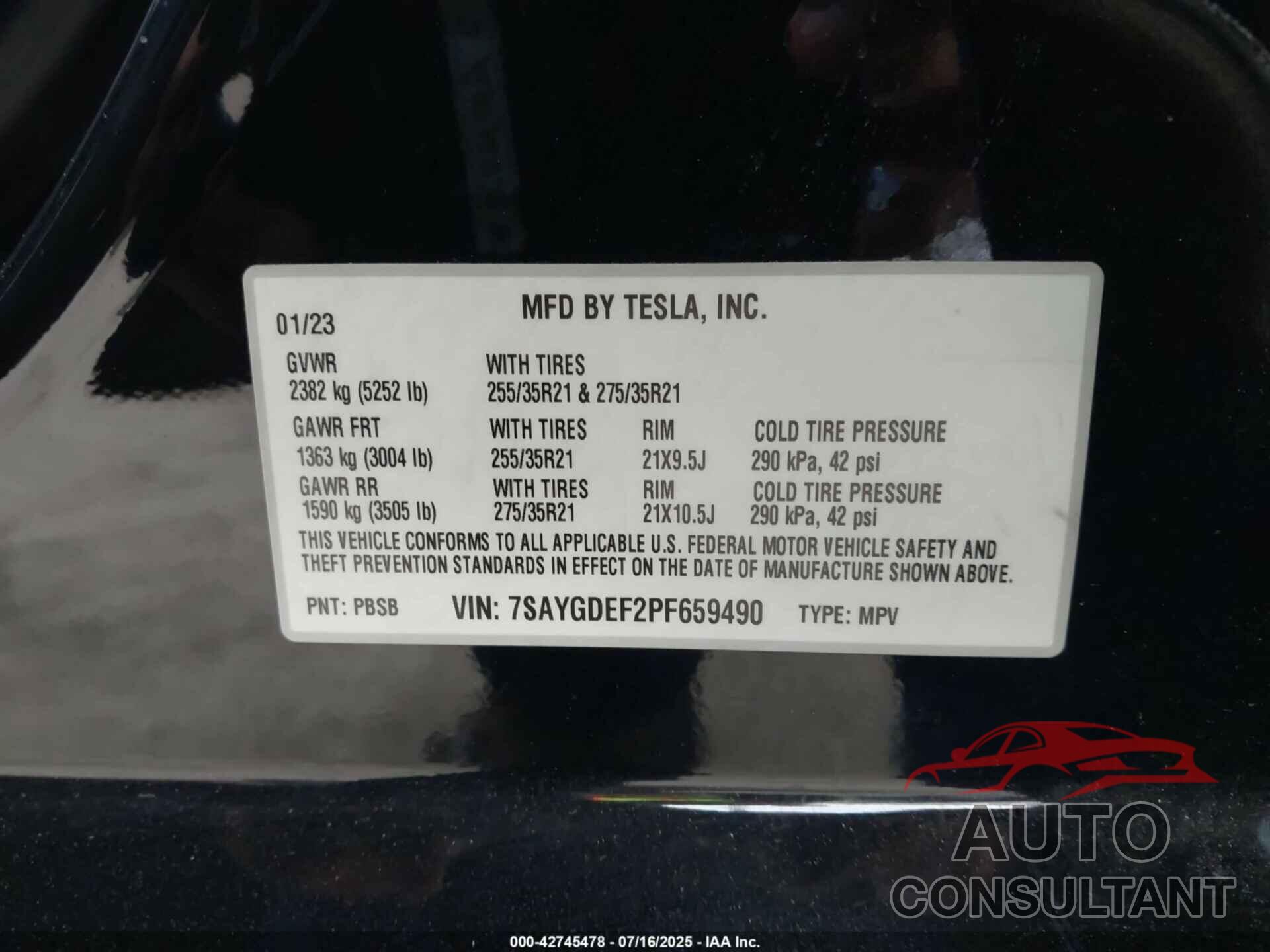TESLA MODEL Y 2023 - 7SAYGDEF2PF659490