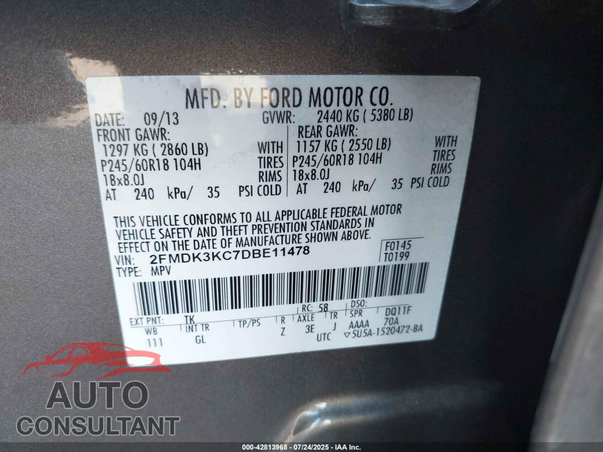 FORD EDGE 2013 - 2FMDK3KC7DBE11478