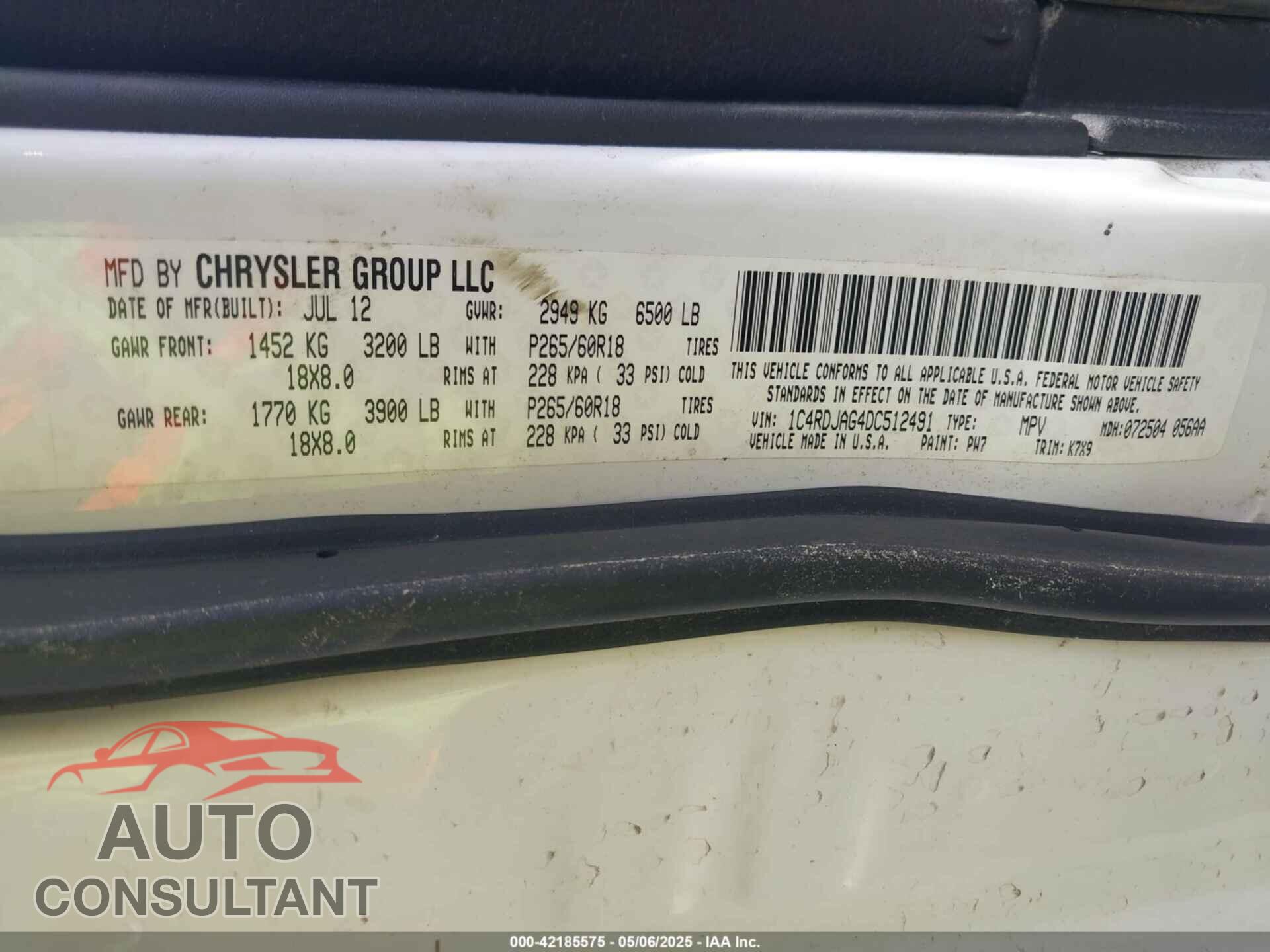 DODGE DURANGO 2013 - 1C4RDJAG4DC512491