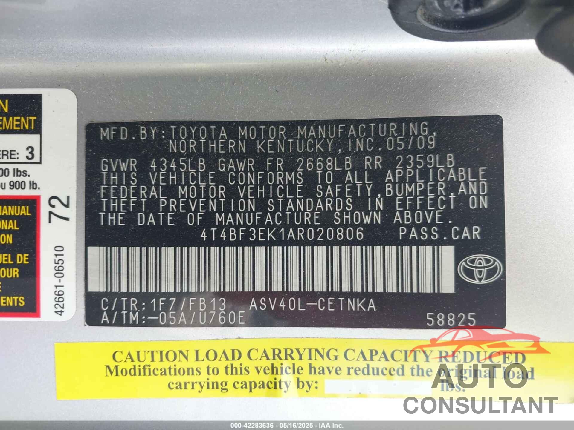 TOYOTA CAMRY 2010 - 4T4BF3EK1AR020806
