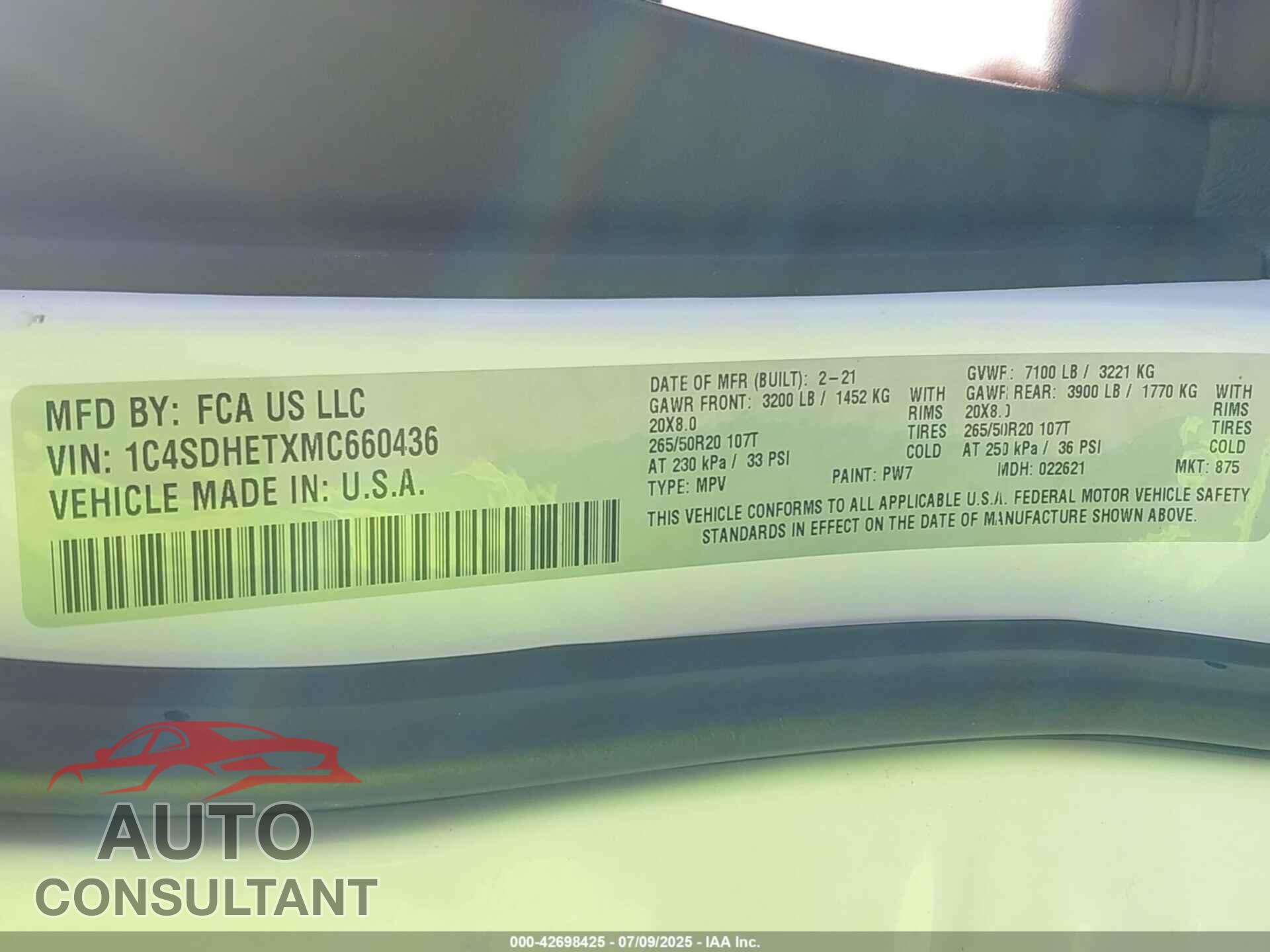 DODGE DURANGO 2021 - 1C4SDHETXMC660436