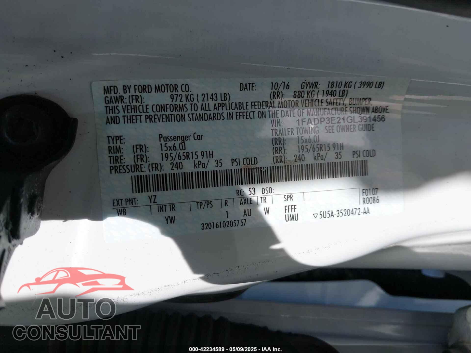 FORD FOCUS 2016 - 1FADP3E21GL391456
