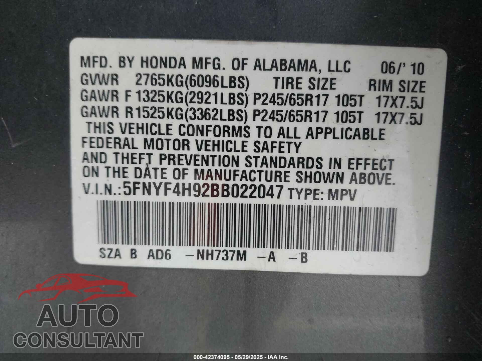 HONDA PILOT 2011 - 5FNYF4H92BB022047