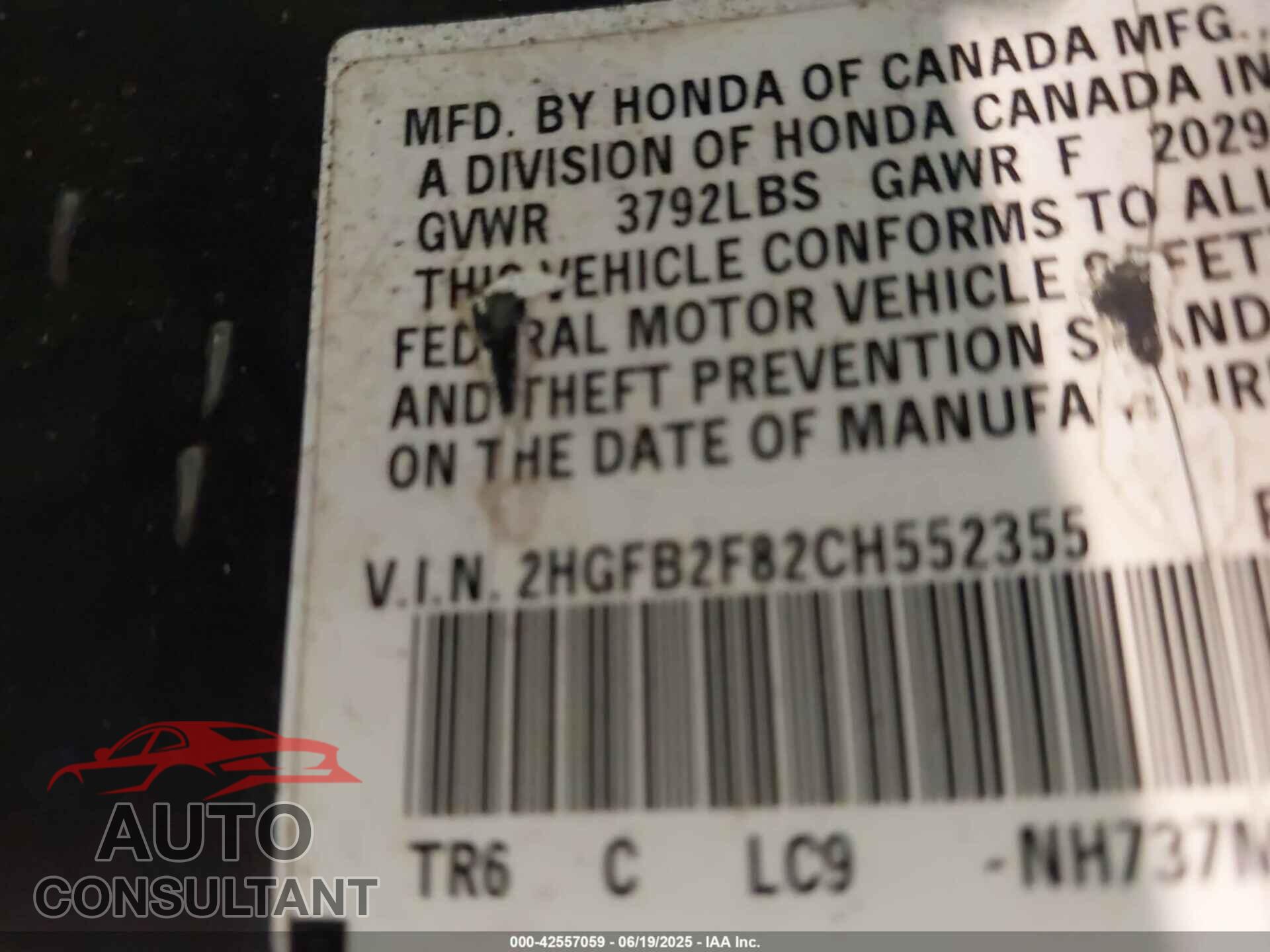 HONDA CIVIC 2012 - 2HGFB2F82CH552355