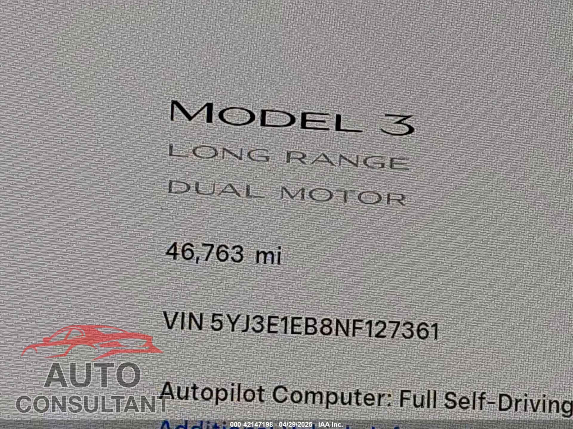 TESLA MODEL 3 2022 - 5YJ3E1EB8NF127361