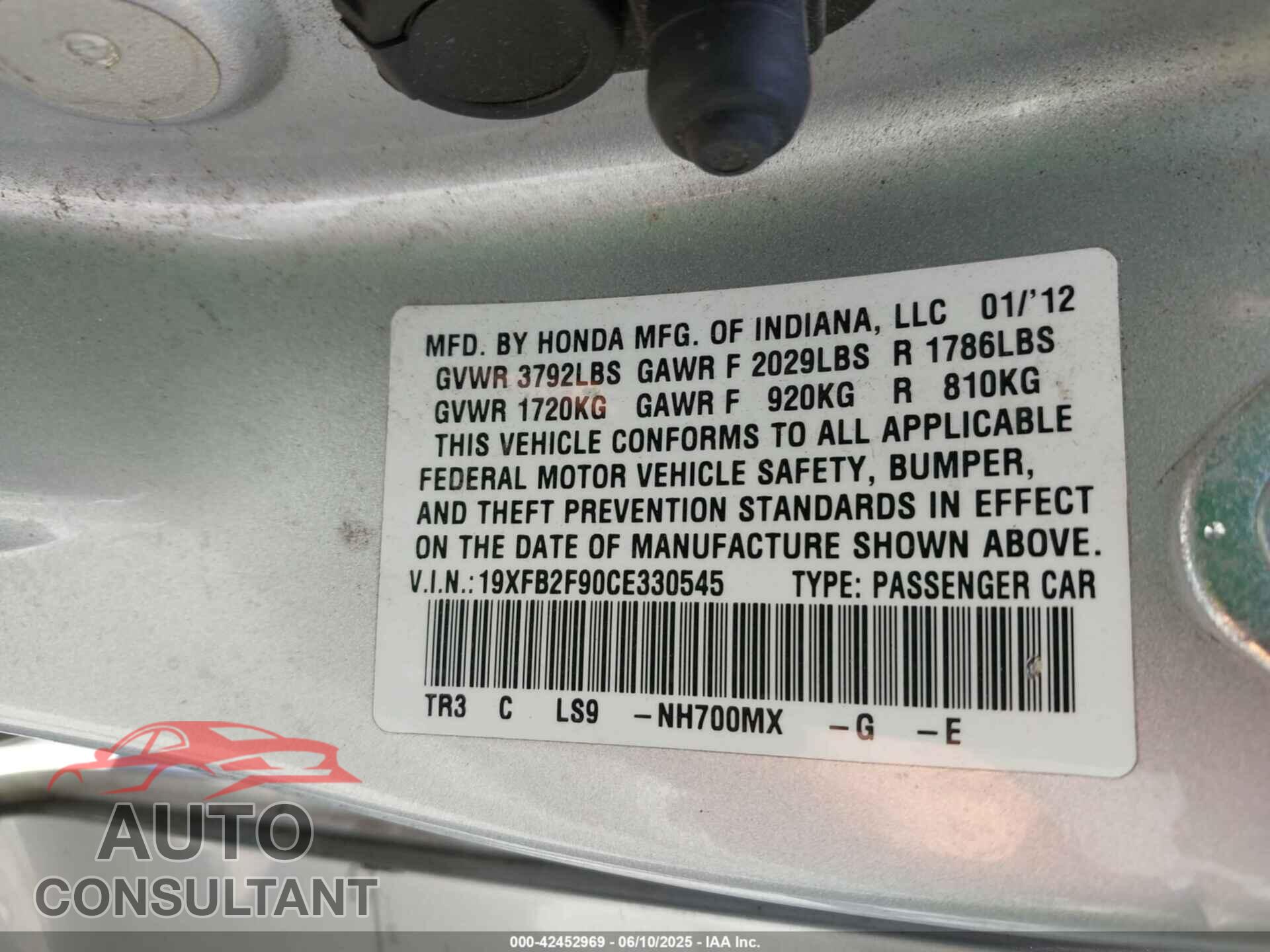 HONDA CIVIC 2012 - 19XFB2F90CE330545