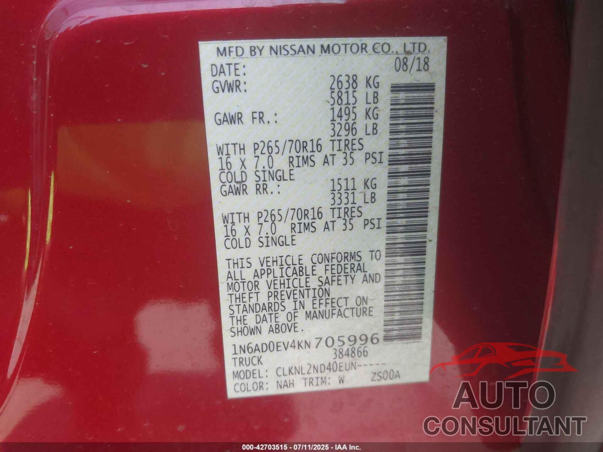 NISSAN FRONTIER 2019 - 1N6AD0EV4KN705996