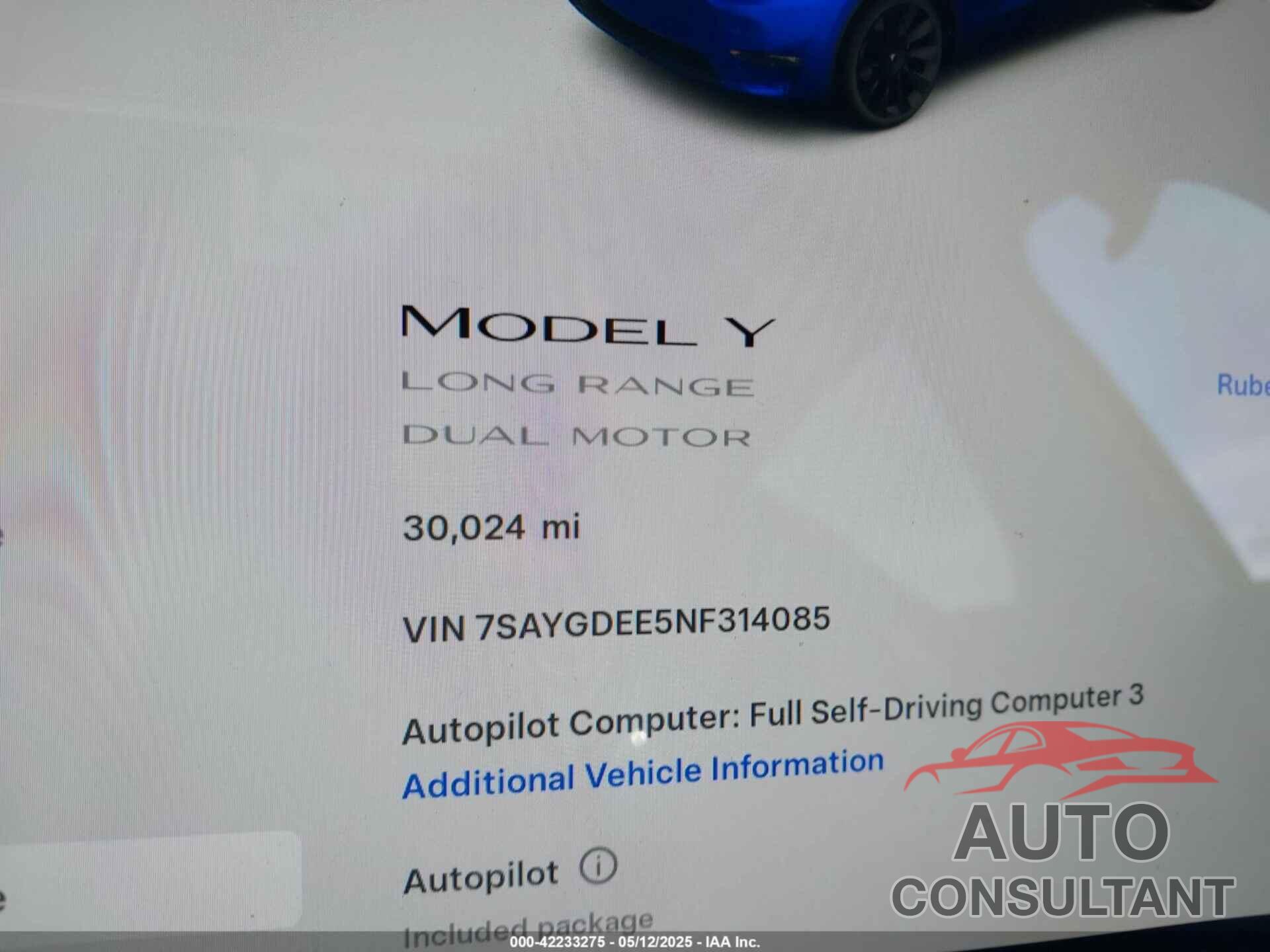 TESLA MODEL Y 2022 - 7SAYGDEE5NF314085