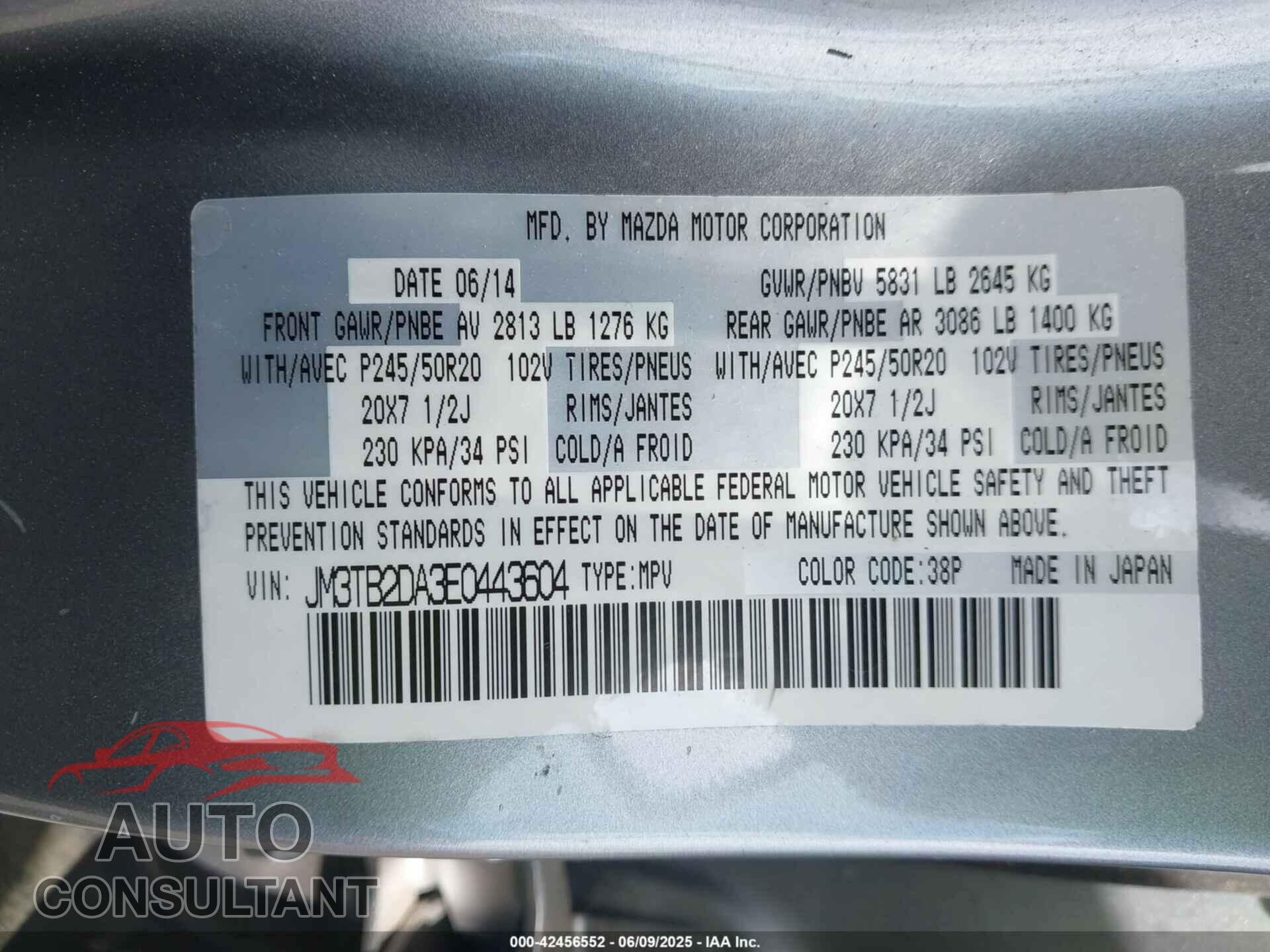 MAZDA CX-9 2014 - JM3TB2DA3E0443604