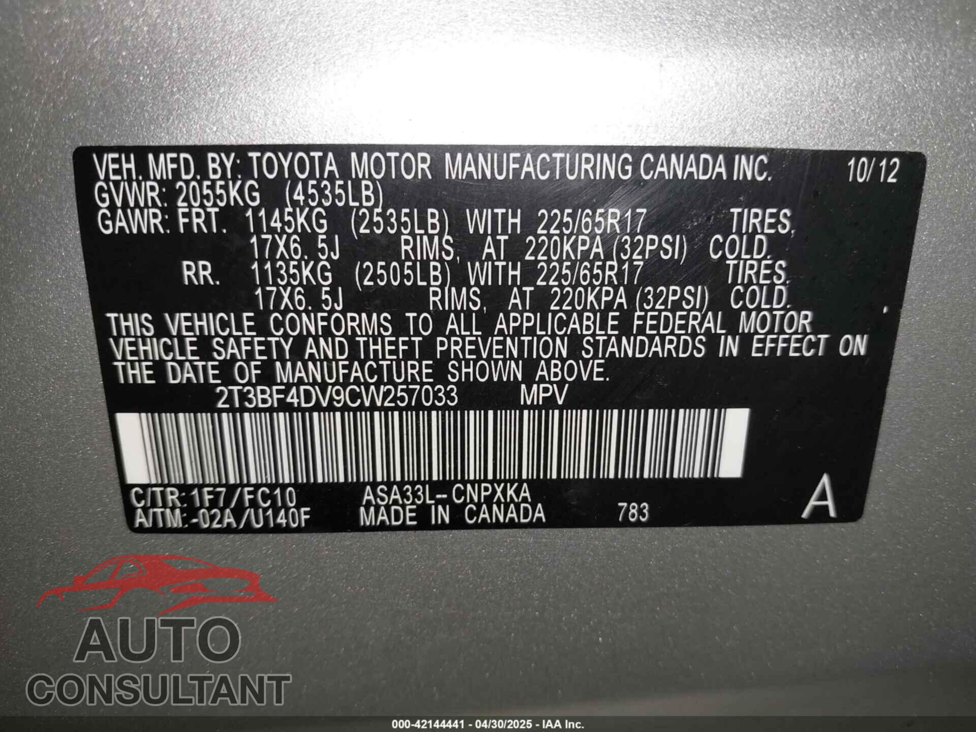 TOYOTA RAV4 2012 - 2T3BF4DV9CW257033