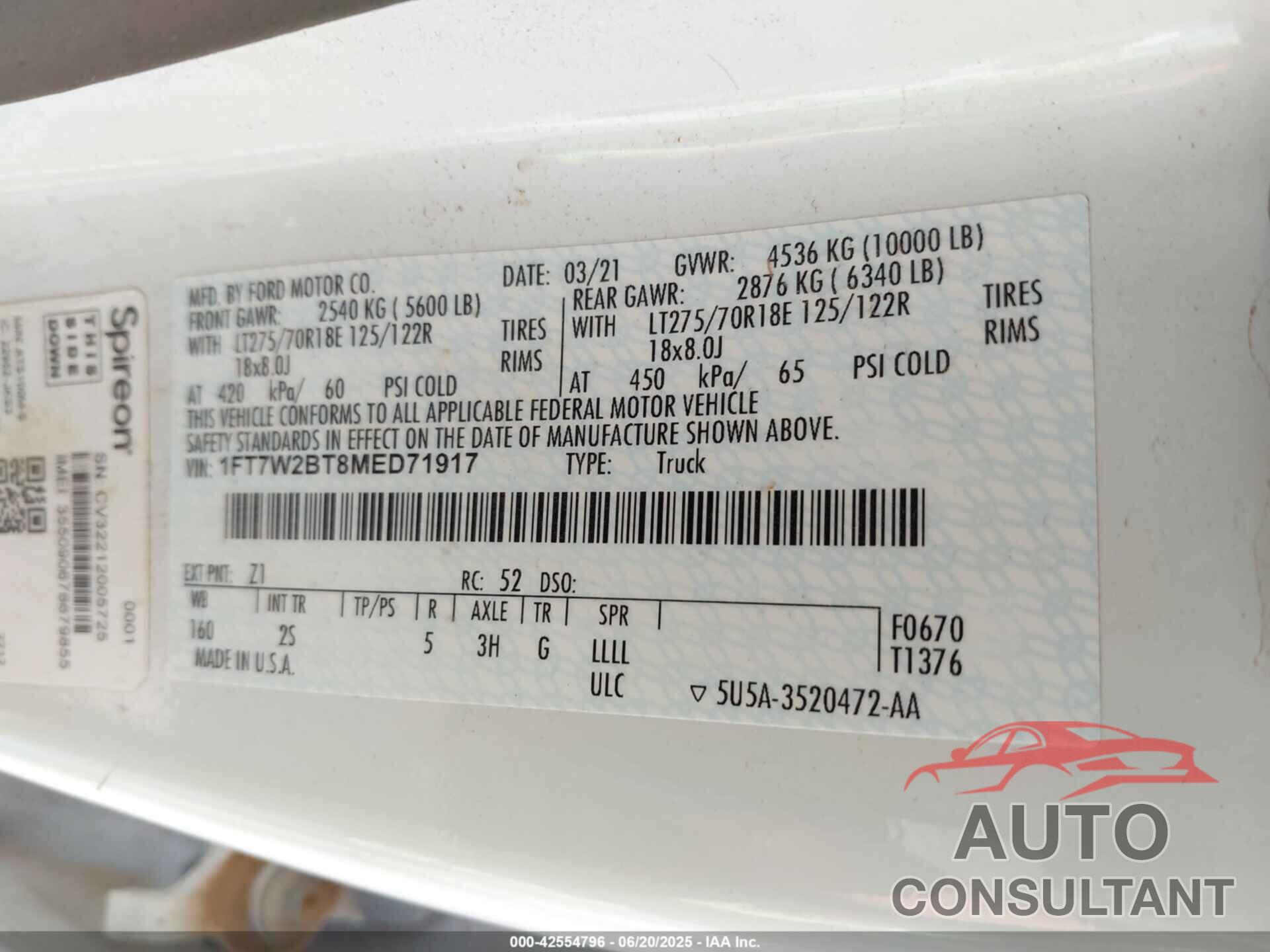 FORD F-250 2021 - 1FT7W2BT8MED71917