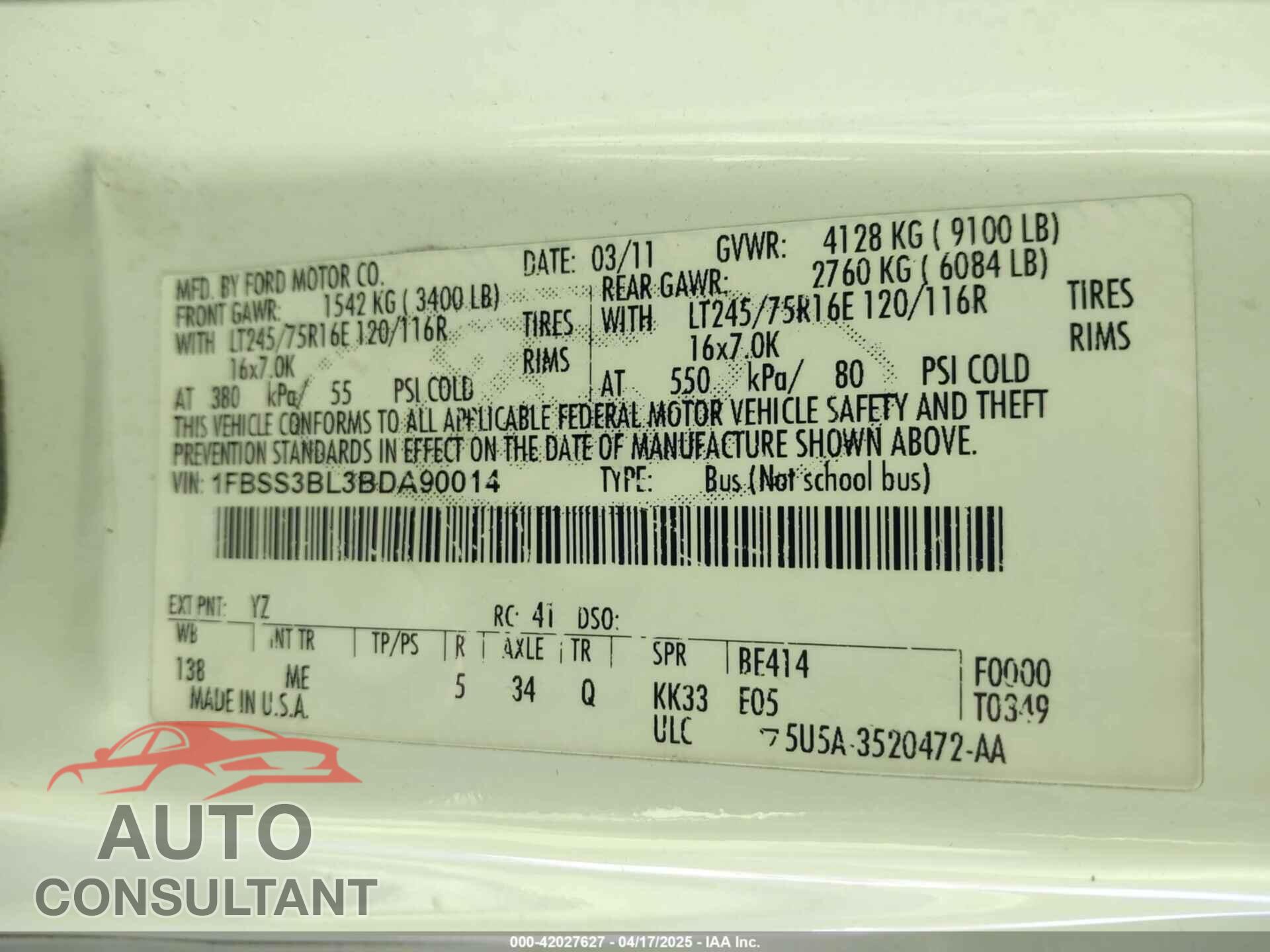 FORD E-350 SUPER DUTY 2011 - 1FBSS3BL3BDA90014