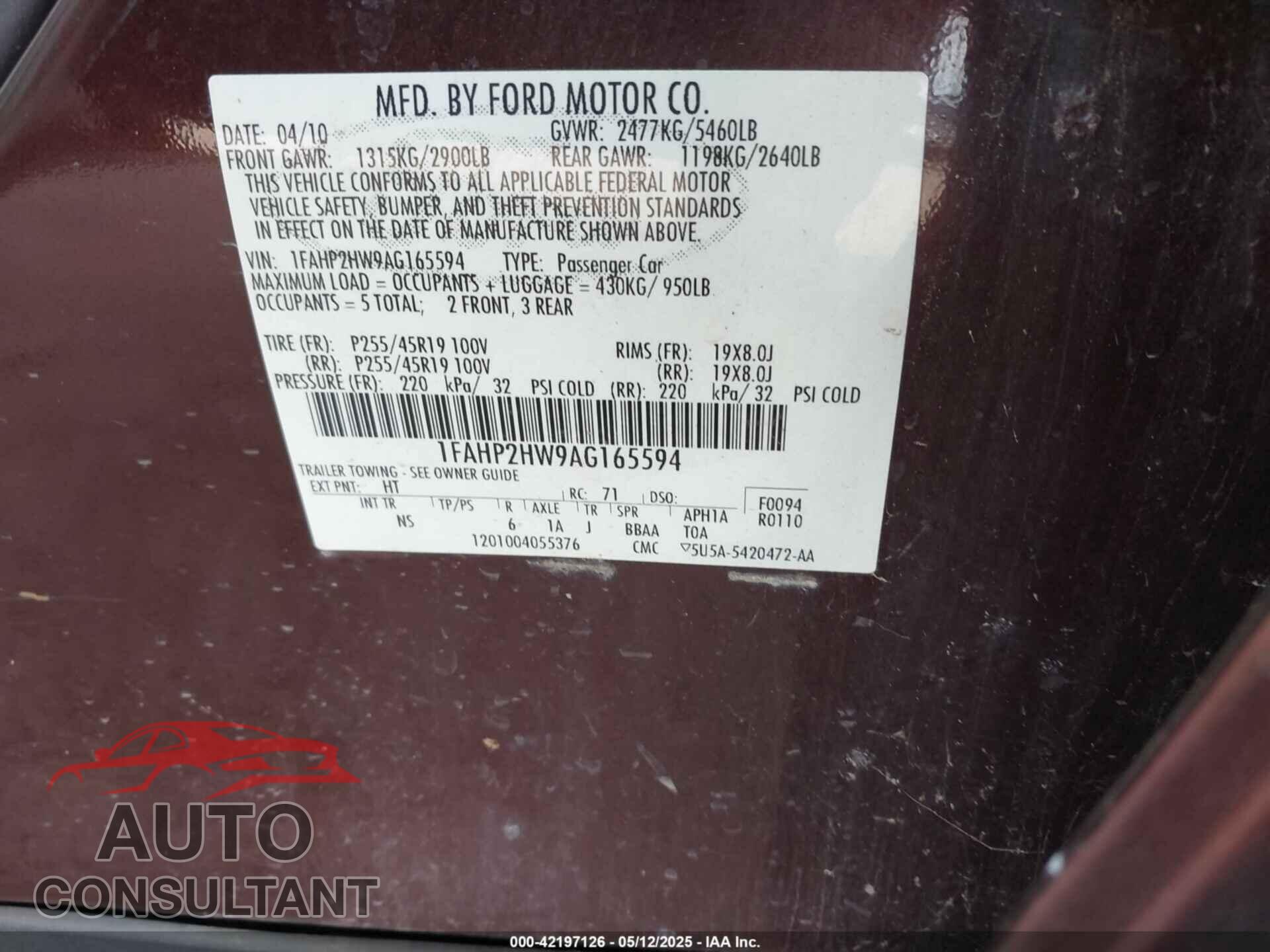 FORD TAURUS 2010 - 1FAHP2HW9AG165594