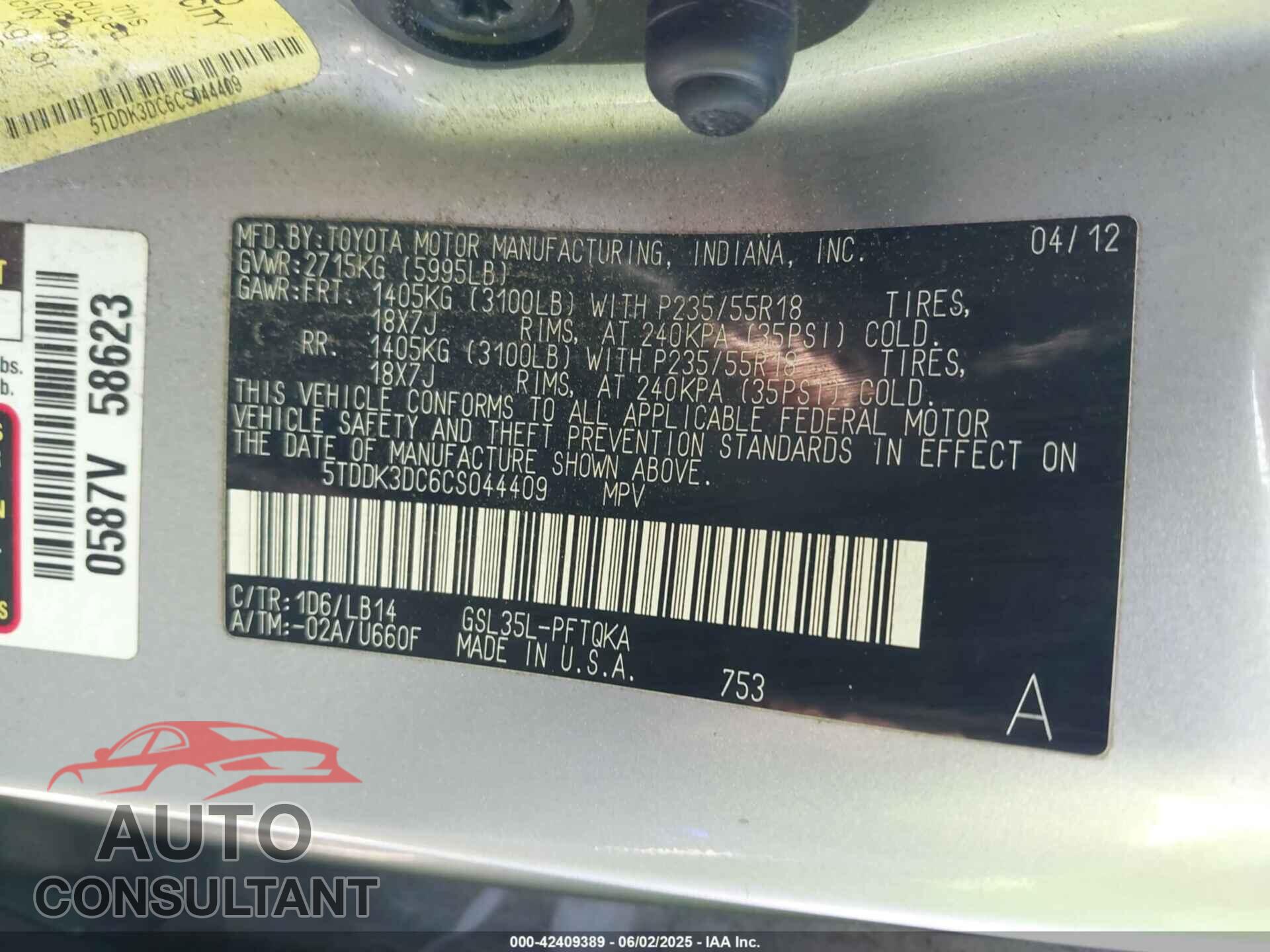 TOYOTA SIENNA 2012 - 5TDDK3DC6CS044409