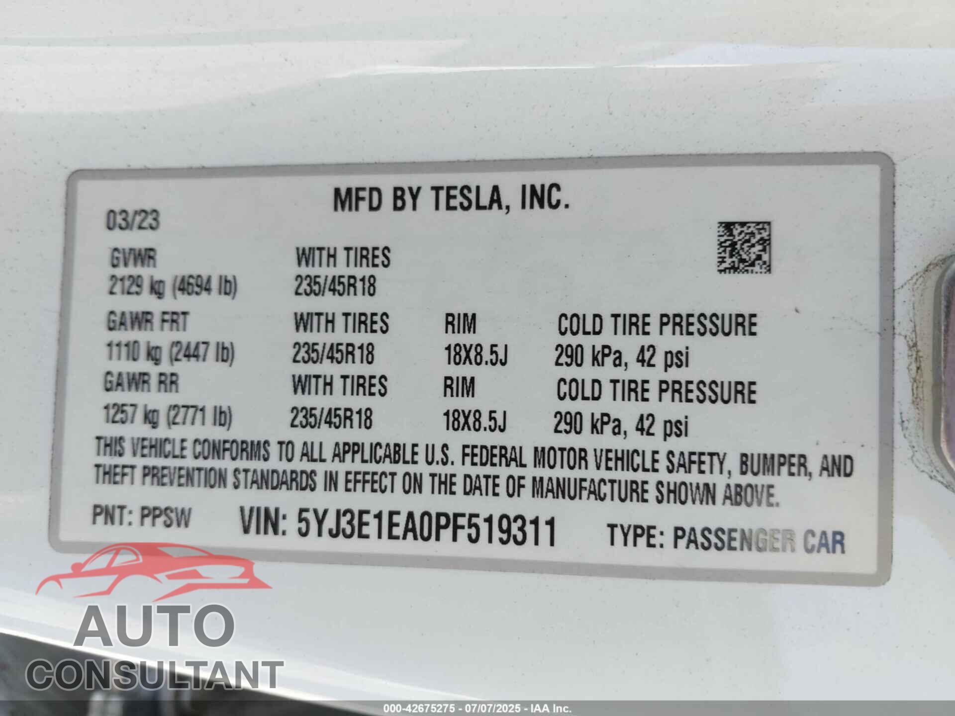 TESLA MODEL 3 2023 - 5YJ3E1EA0PF519311
