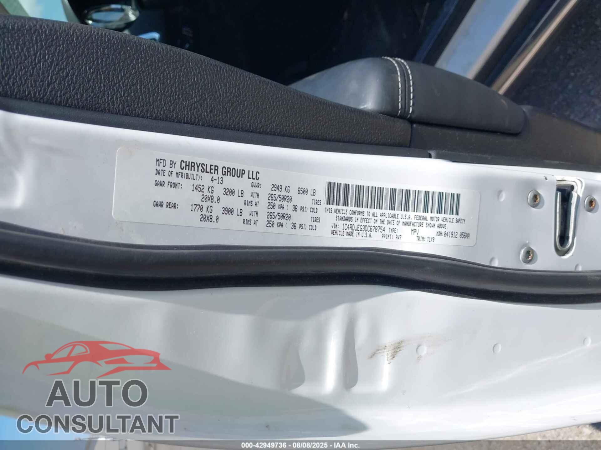 DODGE DURANGO 2013 - 1C4RDJEG3DC678754