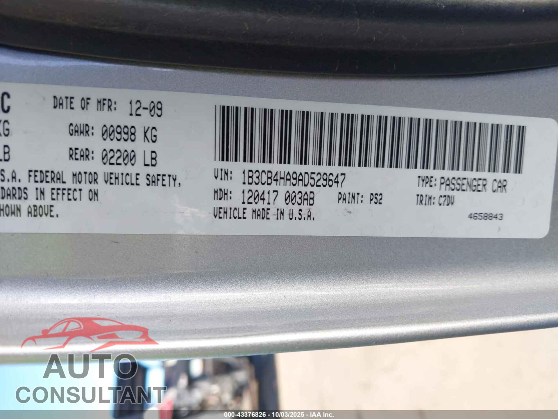 DODGE CALIBER 2010 - 1B3CB4HA9AD529647