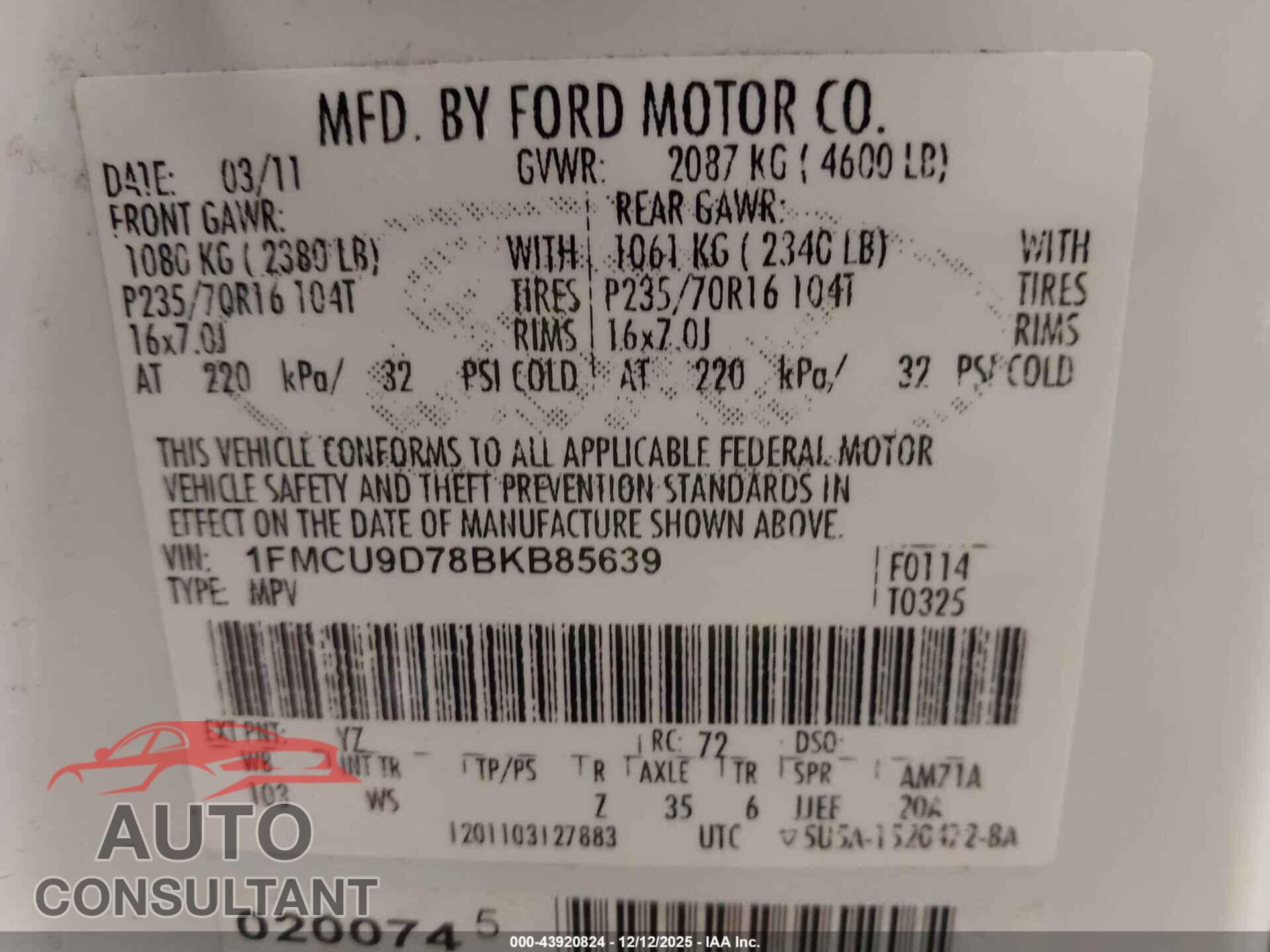 FORD ESCAPE 2011 - 1FMCU9D78BKB85639