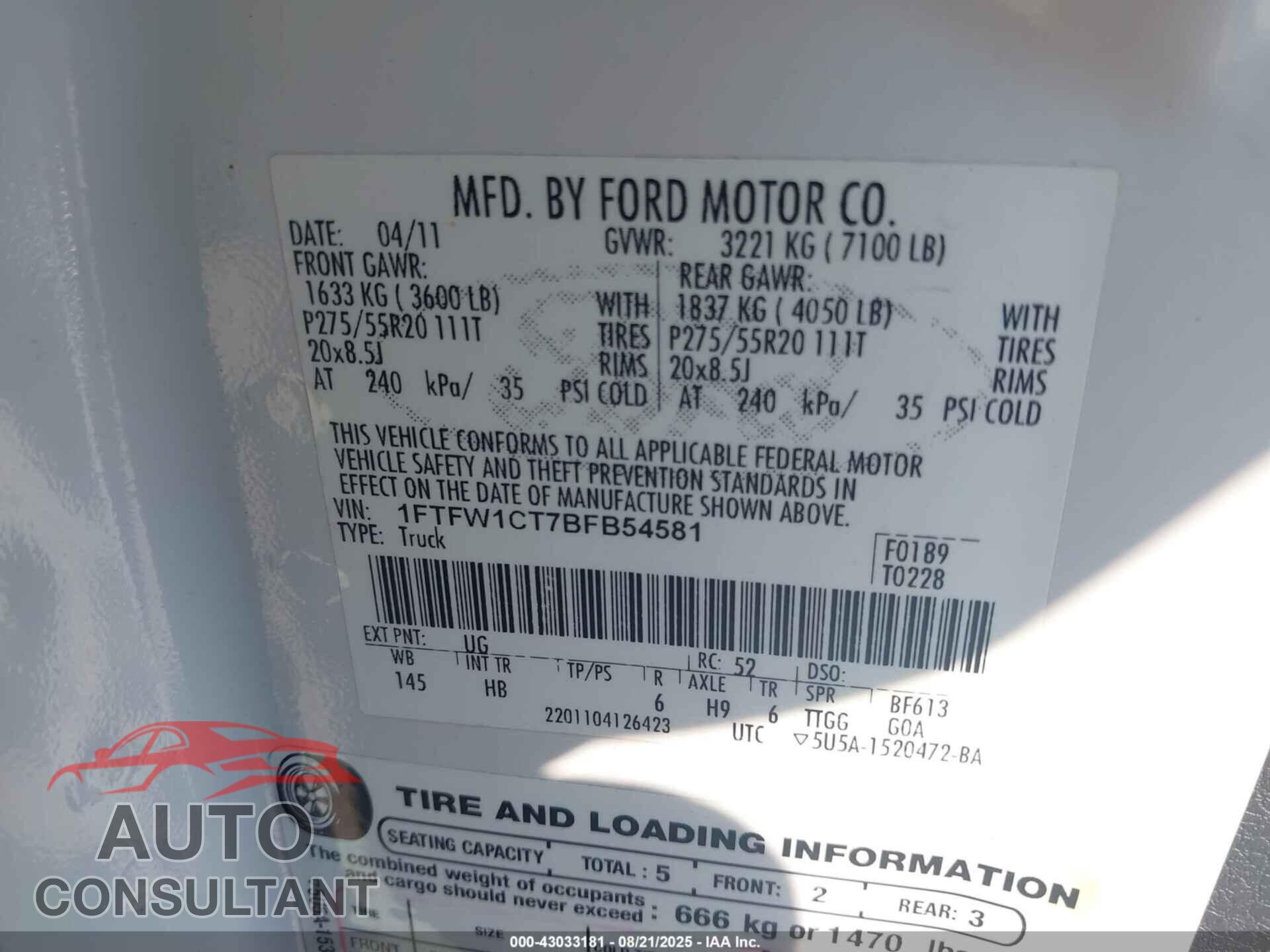 FORD F-150 2011 - 1FTFW1CT7BFB54581