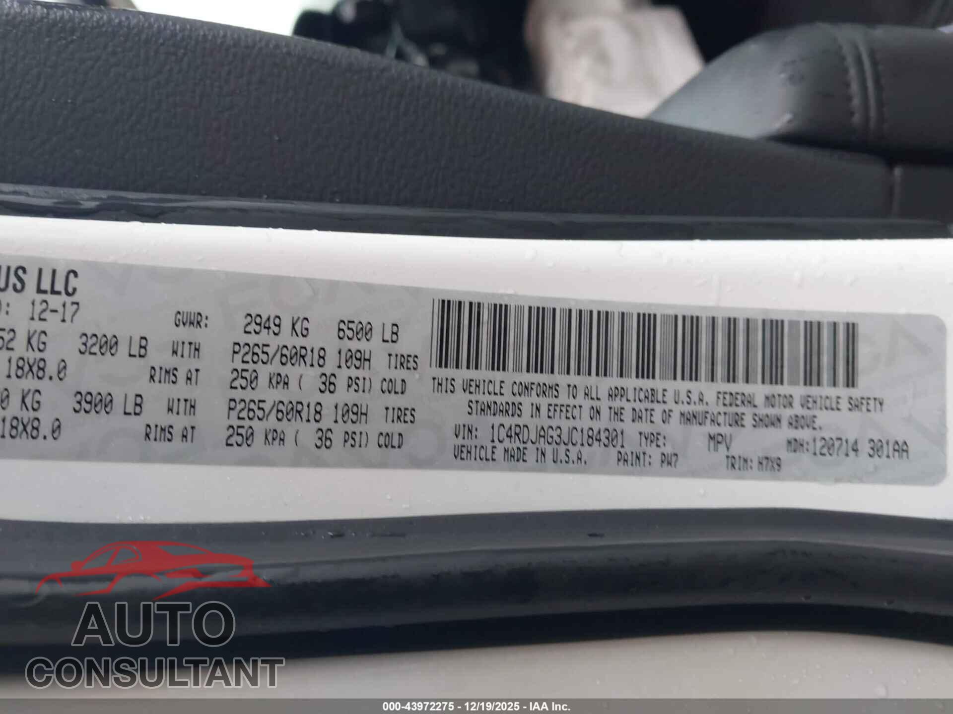DODGE DURANGO 2018 - 1C4RDJAG3JC184301