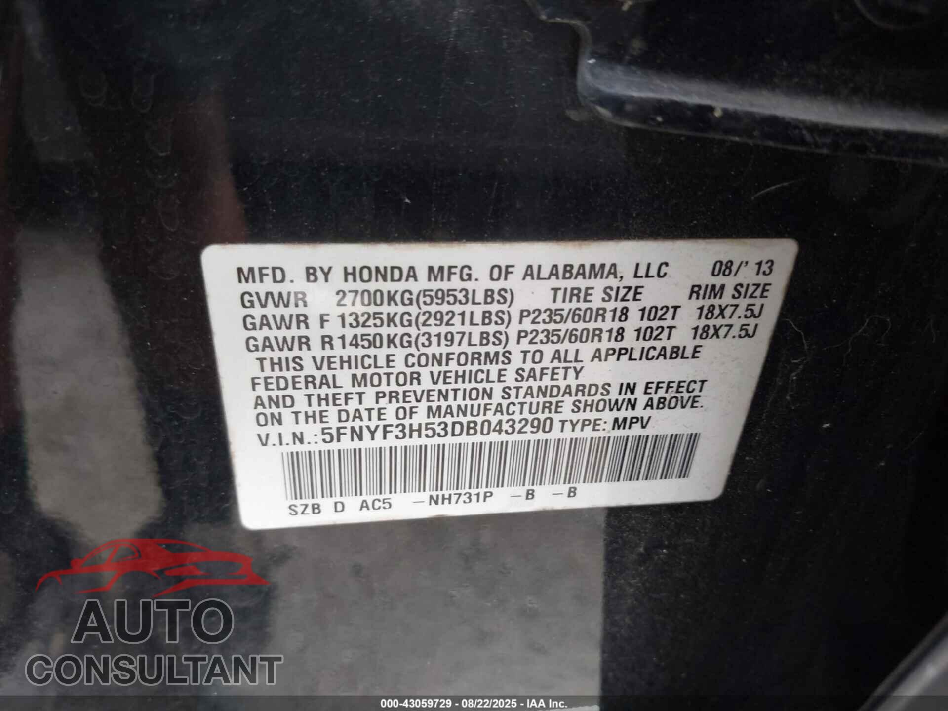 HONDA PILOT 2013 - 5FNYF3H53DB043290