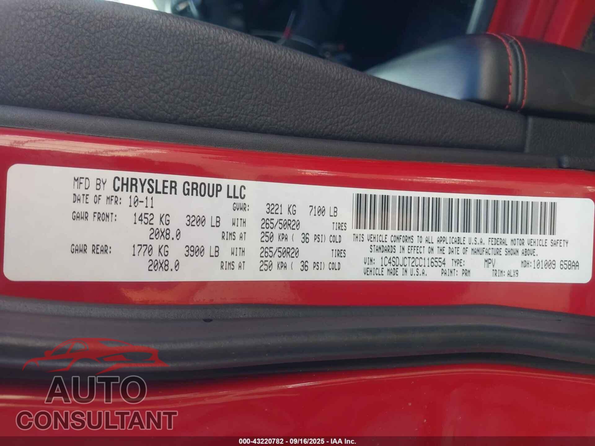 DODGE DURANGO 2012 - 1C4SDJCT2CC116554