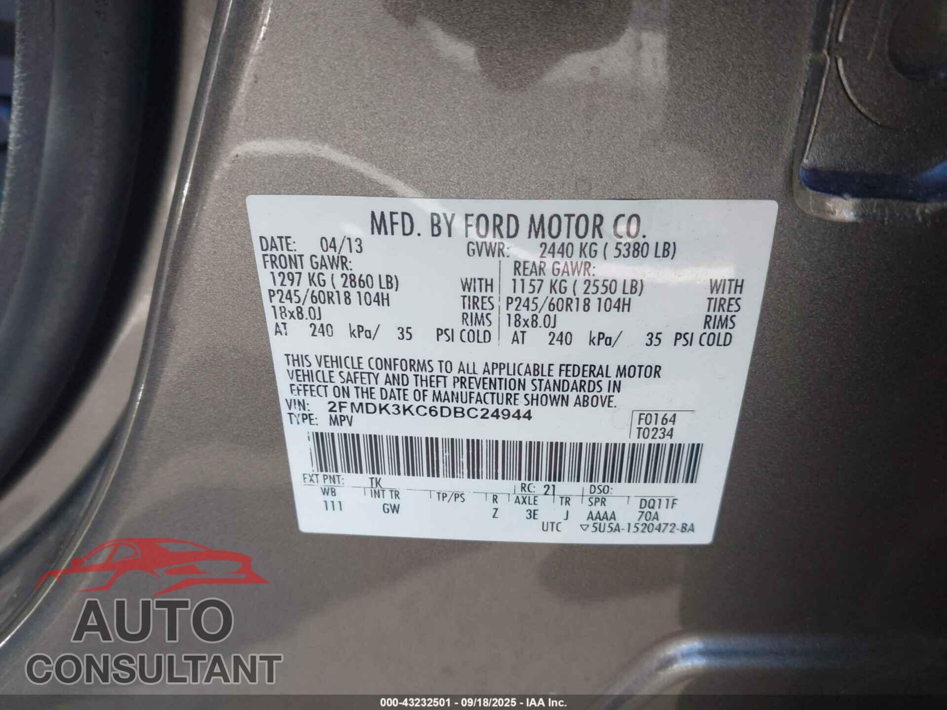 FORD EDGE 2013 - 2FMDK3KC6DBC24944