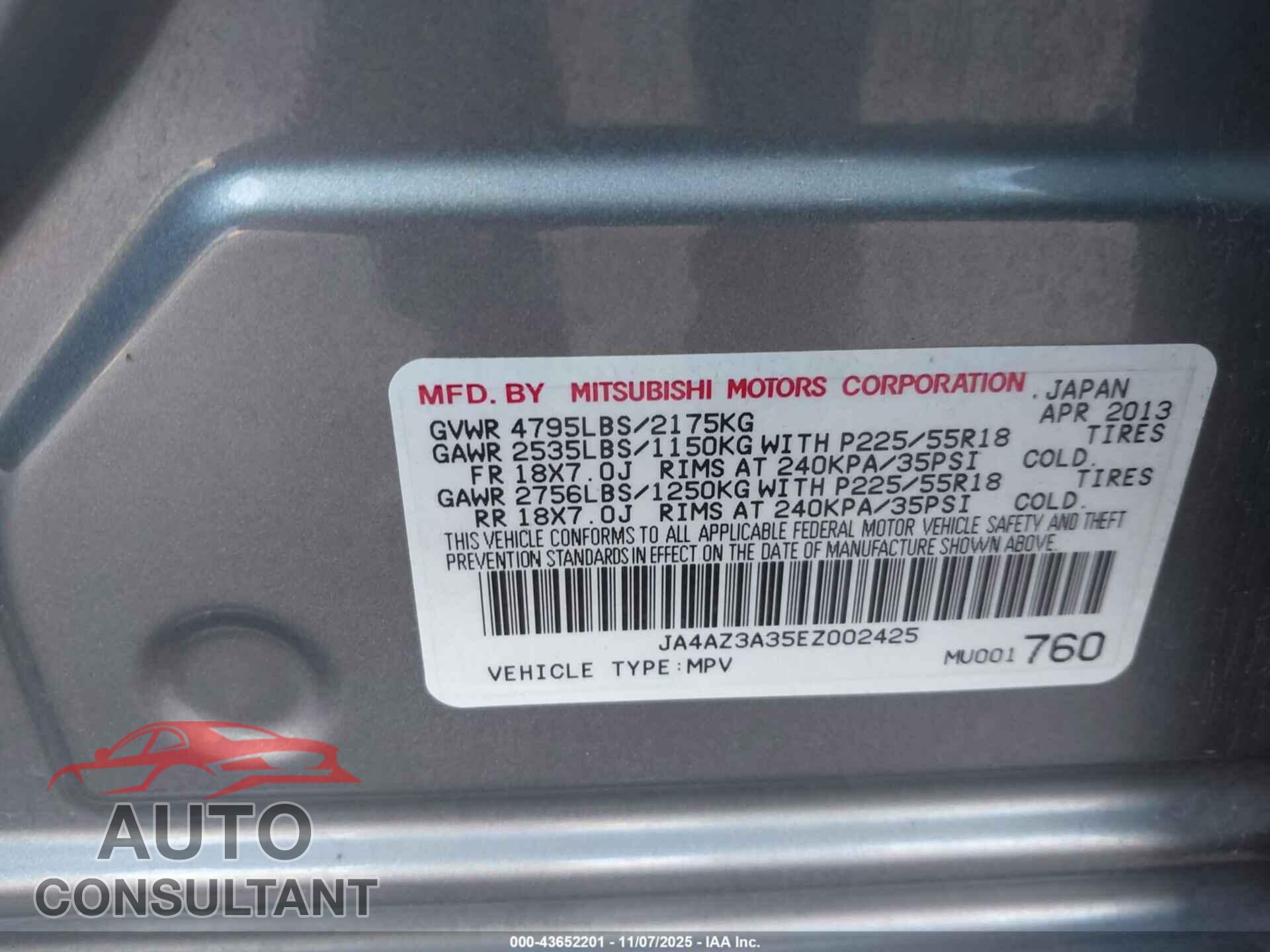 MITSUBISHI OUTLANDER 2014 - JA4AZ3A35EZ002425